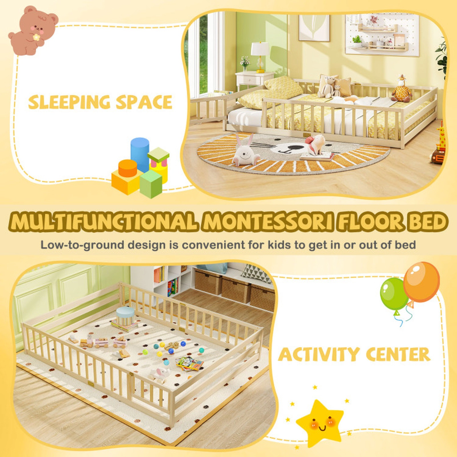 SUGIFT Queen Size Montessori Kids Floor Bed Frame with Full Length Safety Guardrails Low-To-Ground Design Natural