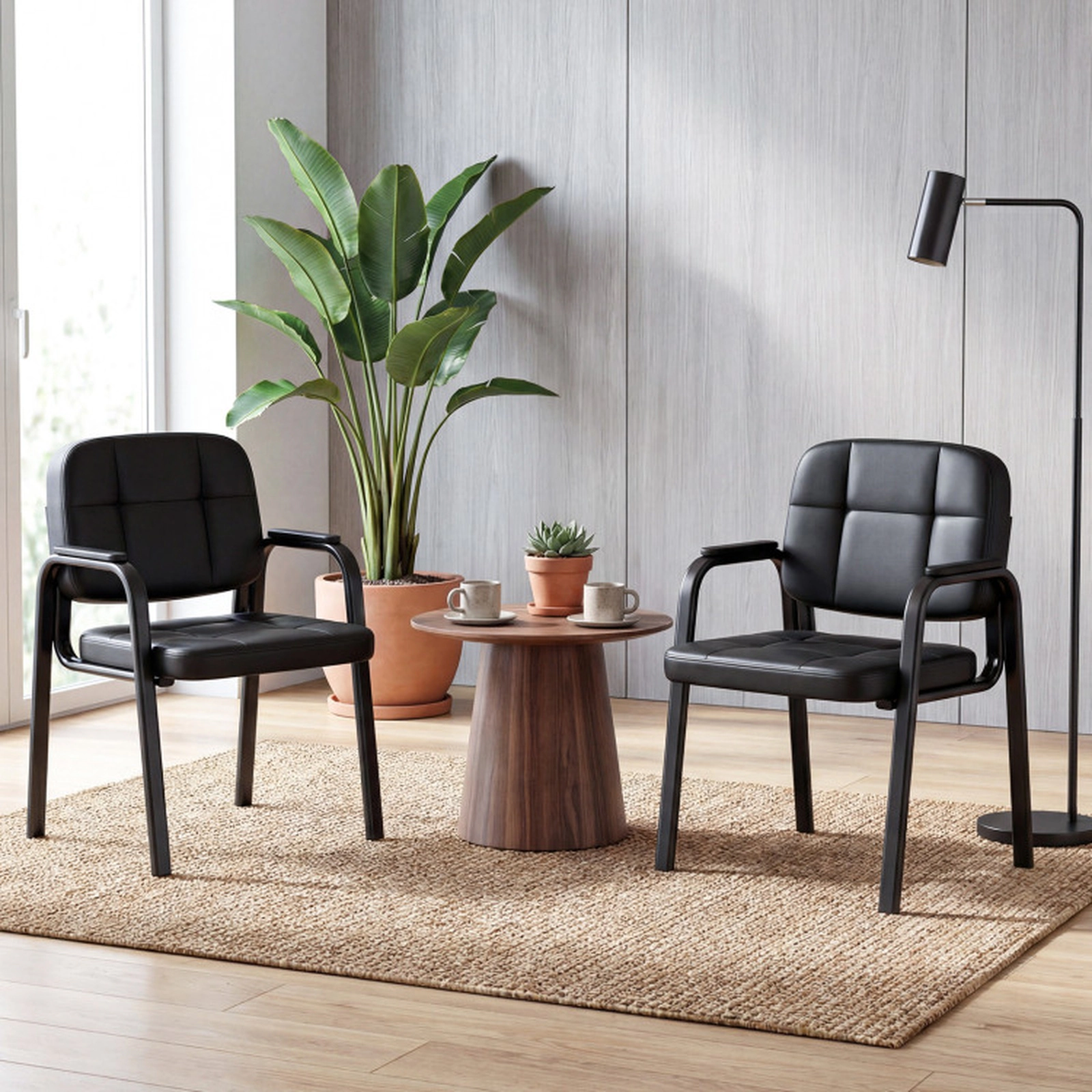 SUGIFT Set of 2 Black 330-lb Capacity PVC Leather Padded Armchairs with Sled Base and Cushioned Seat