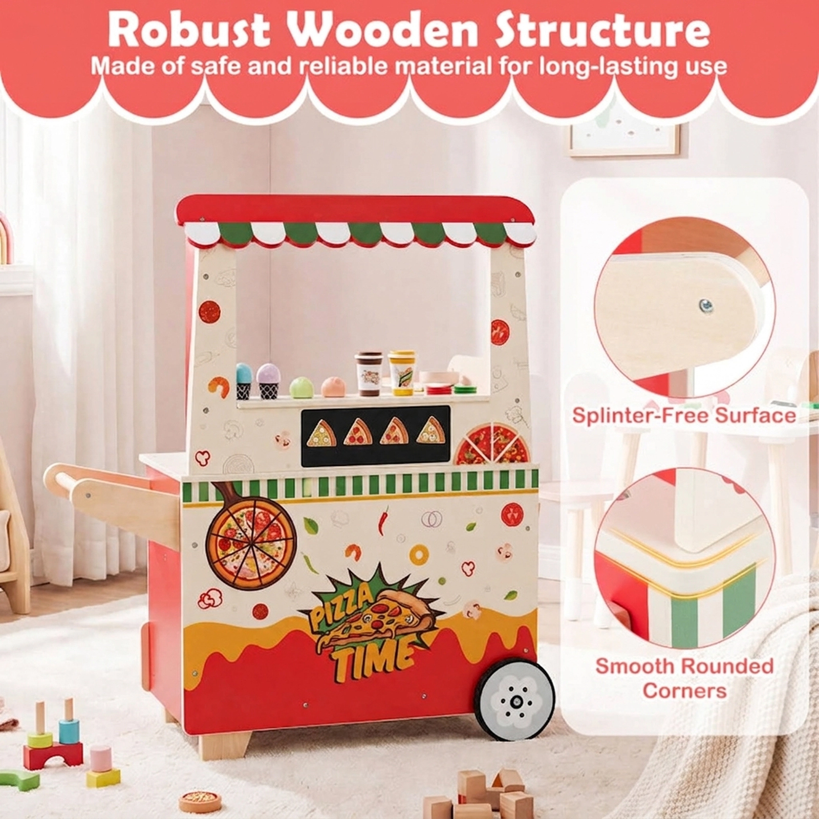 SUGIFT Wooden Pizza Food Truck Pretend Play Snack Cart with Oven Ages 3+ Pink with 40-Piece Accessory Set