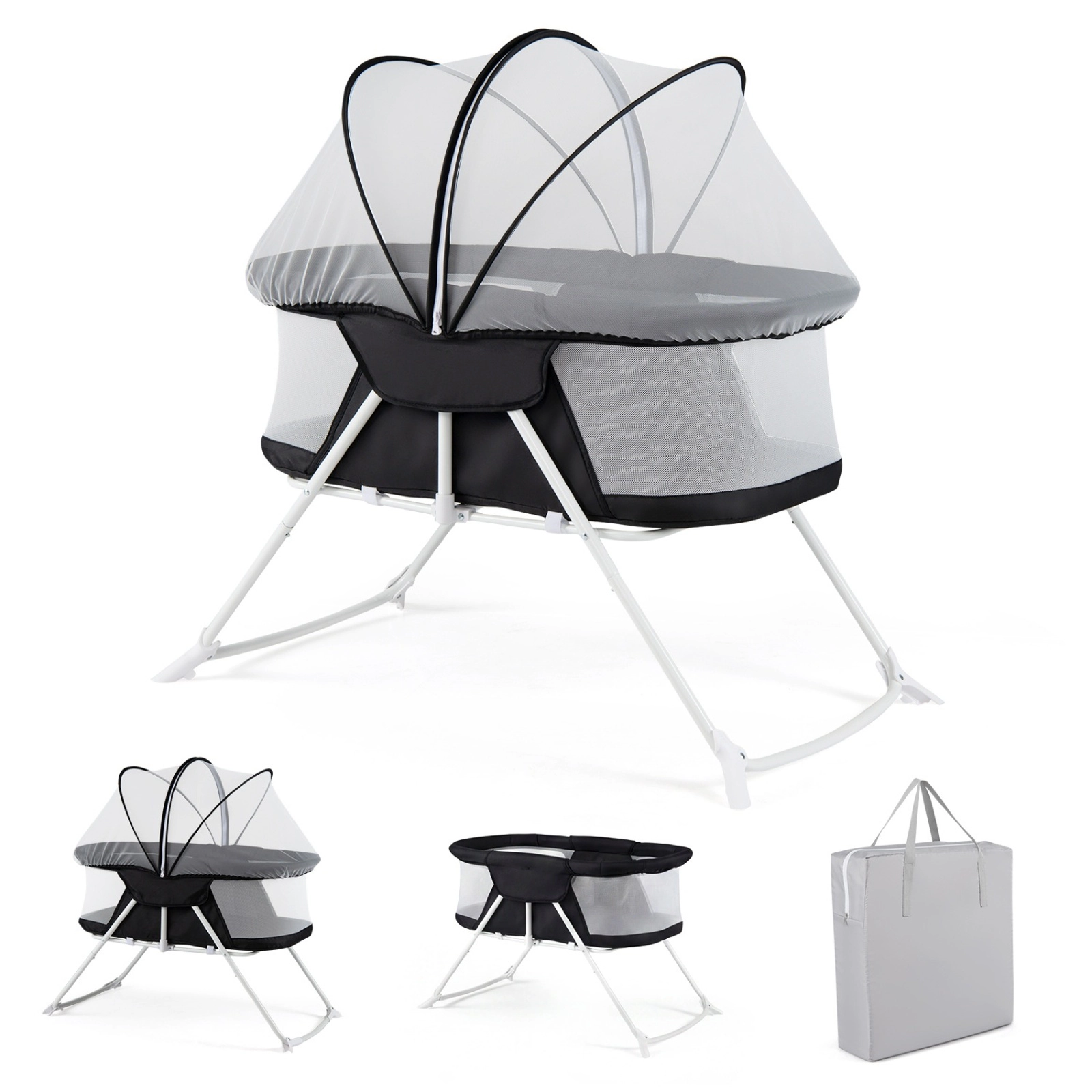 SUGIFT 2-in-1 Rocking and Stationary Baby Bassinet Bedside Sleeper 66-lb Capacity Ages 0-5 Months Black with Mesh Canopy