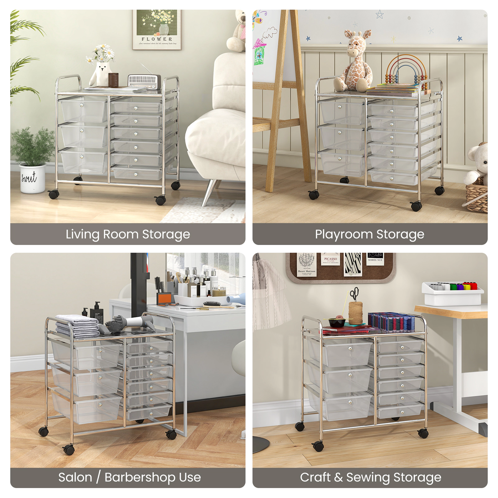 SUGIFT 9-Drawer Rolling Storage File Cabinet Cart 22-lb Tabletop Capacity White Silver Hot Pink