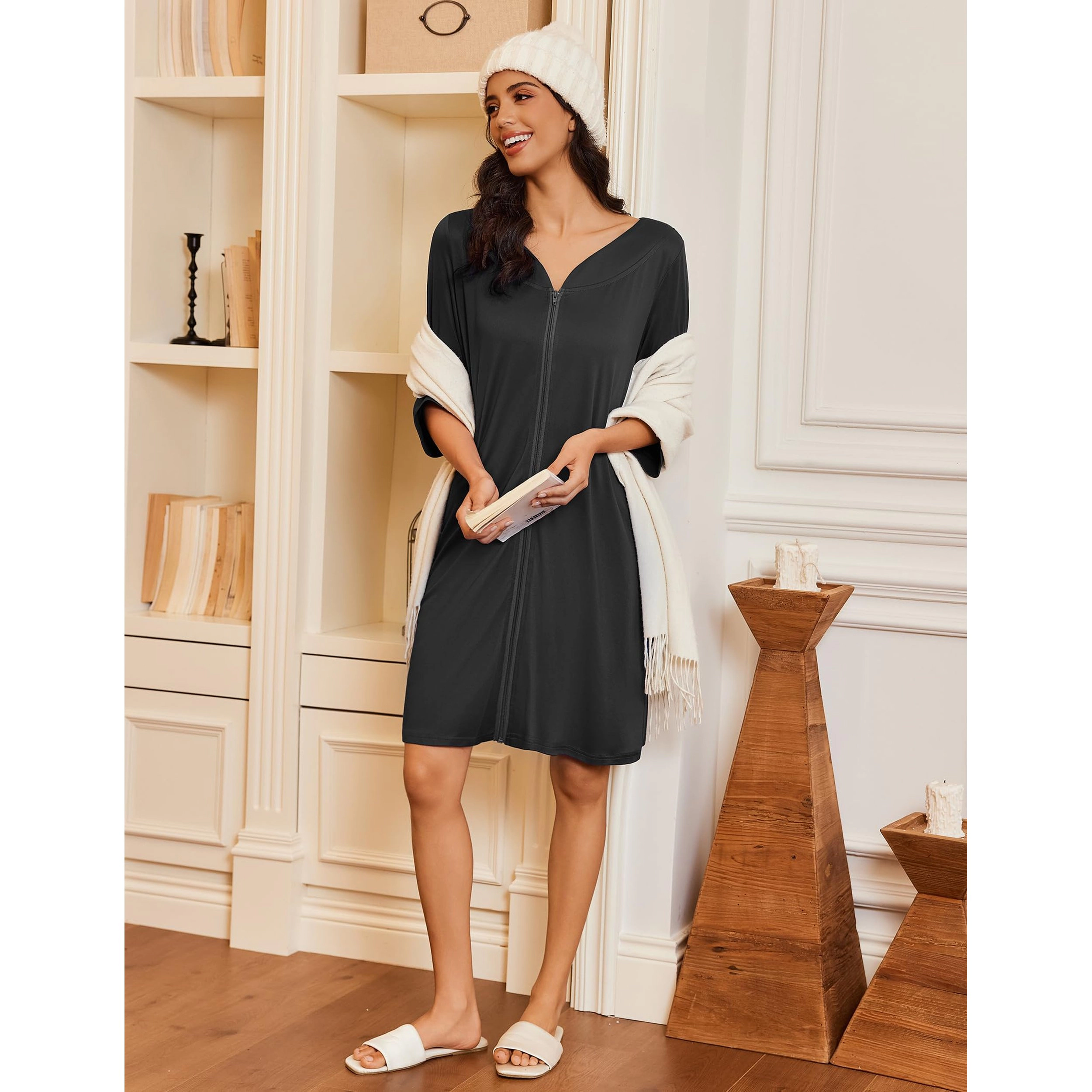Ekouaer Zipper Robes Three Quarter Sleeves Housecoat Nightgowns Floral Print House Dresses