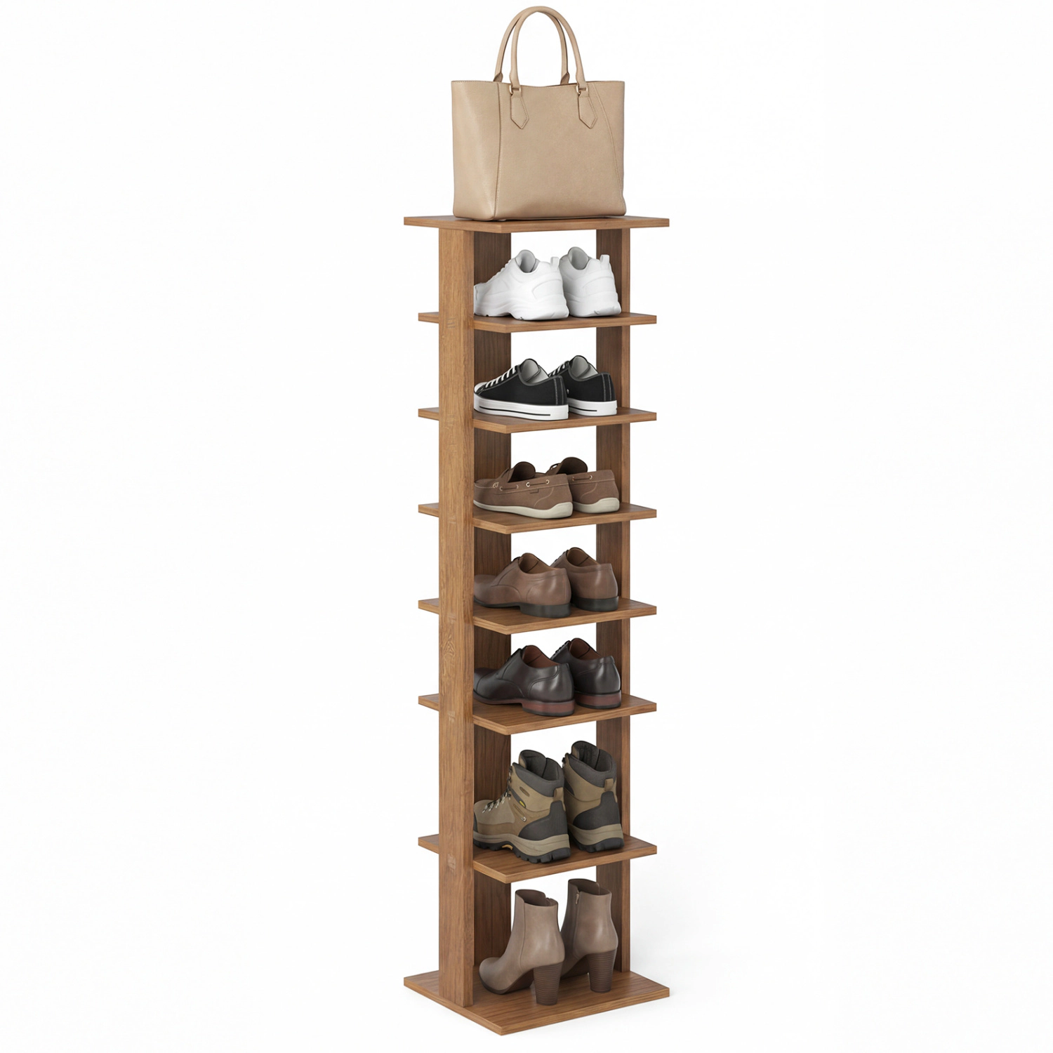 SUGIFT 7-Tier Natural 11-in Wide Space-Saving Skinny Wood Shoe Rack Tower for Front Door and Apartment