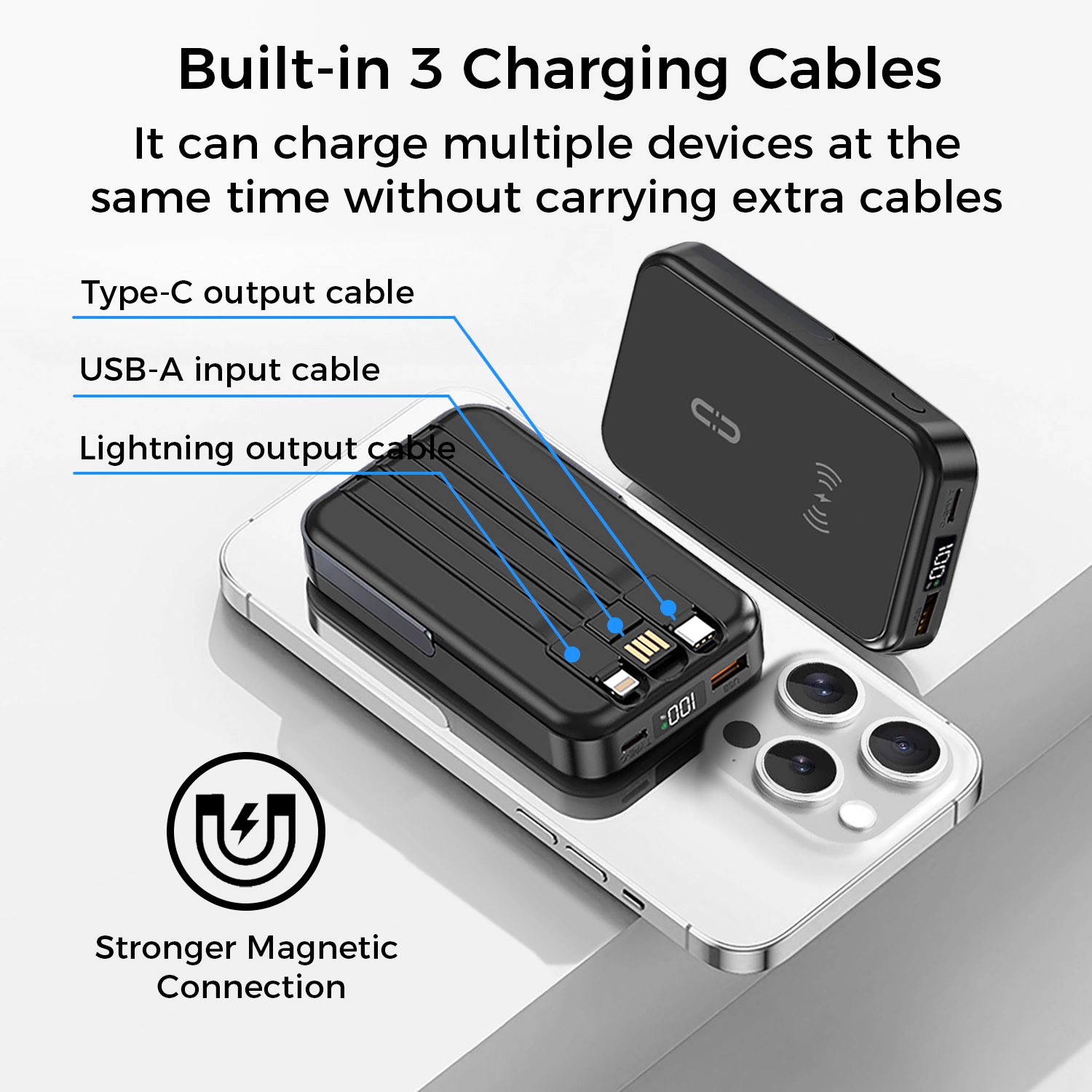 Alpha Digital 10,000mAh, 3 Cables, Magnetic Wireless Charging, Phone Stand - Power Bank