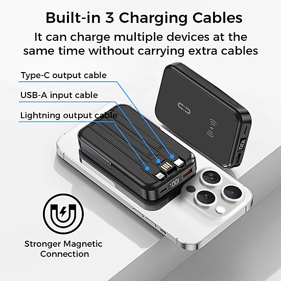 Alpha Digital 10,000mAh, 3 Cables, Magnetic Wireless Charging, Phone Stand - Power Bank
