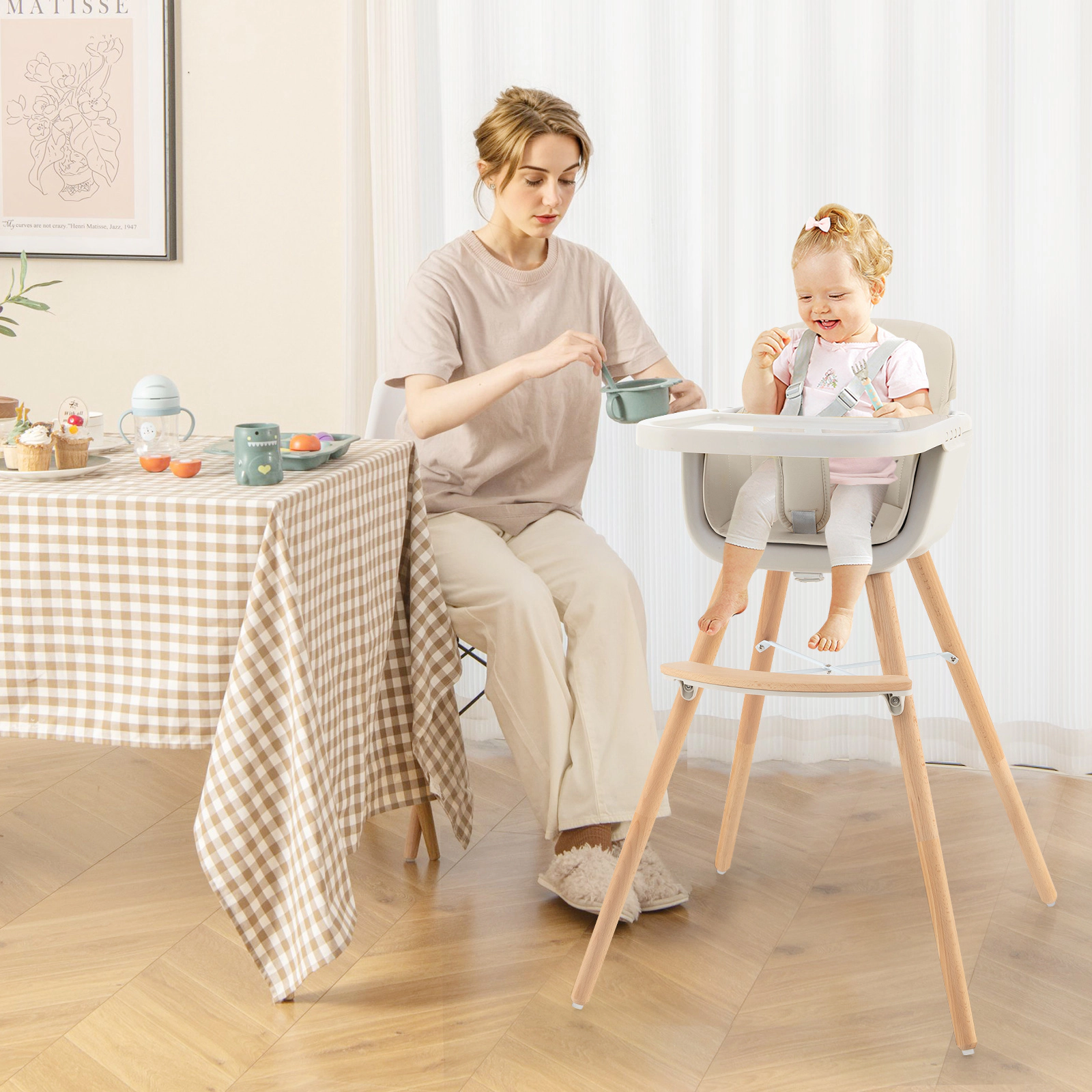 SUGIFT 3-in-1 Convertible Wooden High Chair with Cushion 35-lb Capacity Ages 6 Months-3 Years Beige