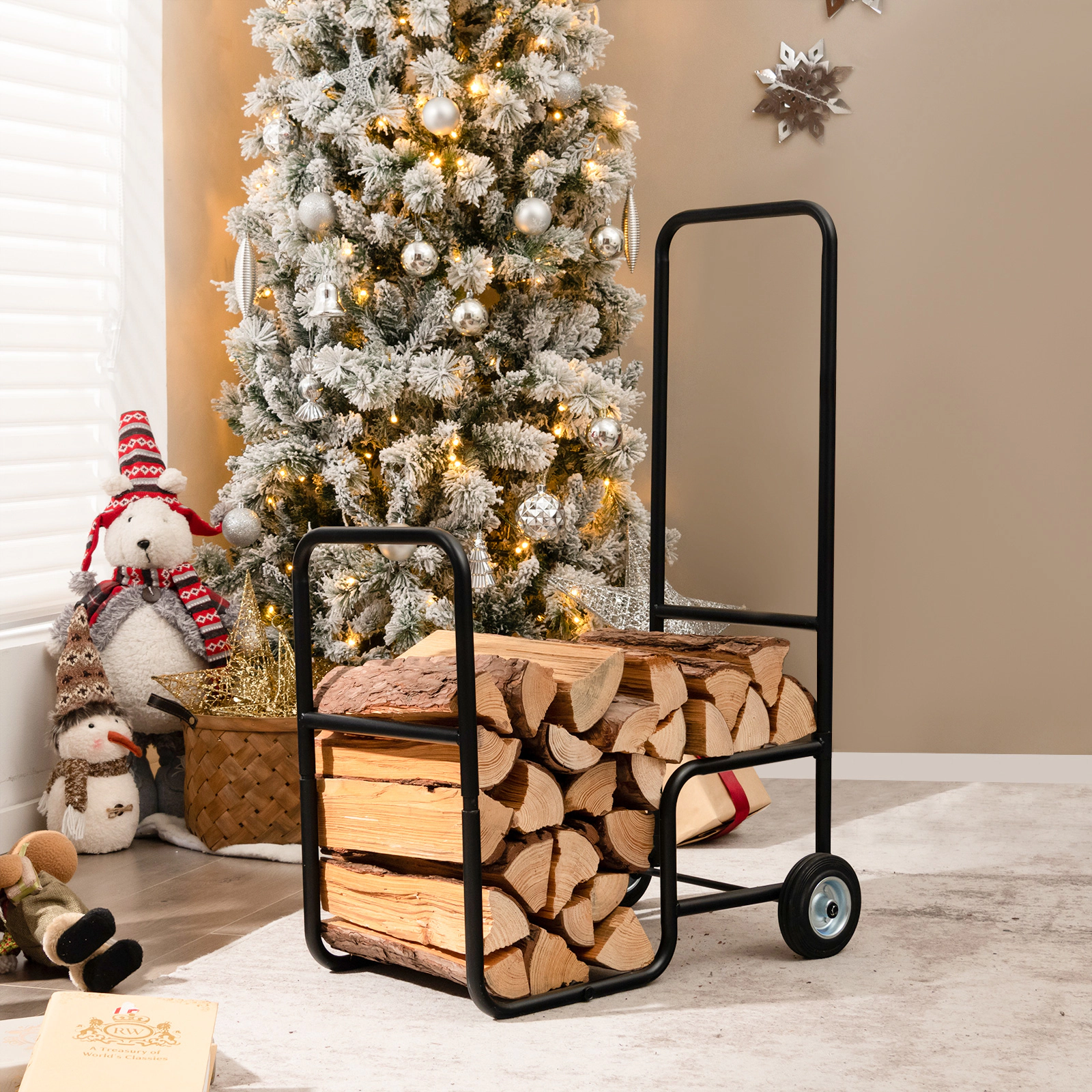 SUGIFT Rolling Firewood Log Cart, Steel Carrier with 110-lb Static Capacity and Rubber Wheels