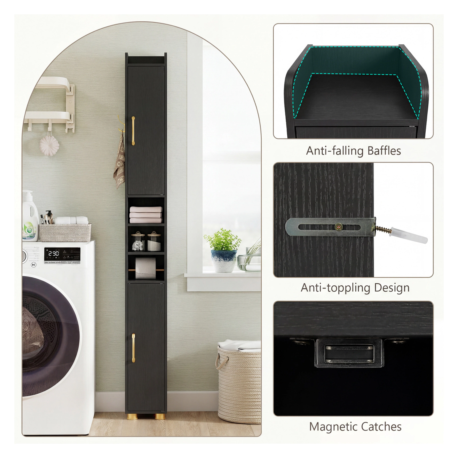 Glintex 69-Inch Narrow Bathroom Tower with Paper Holder Hook and Golden Handles