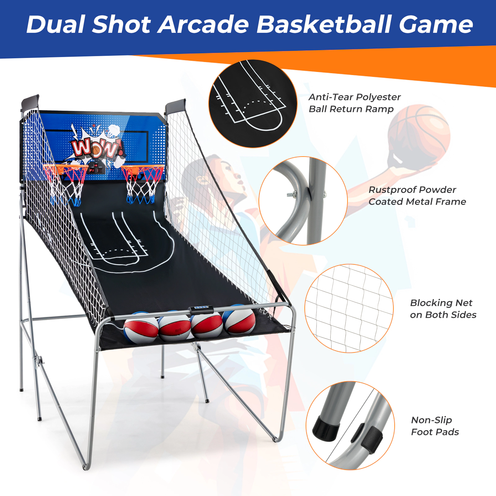 SUGIFT Blue Dual Shot Arcade Basketball Game with 8 Play Modes and 4 Balls 81-in W 43-in D 81-in H 12-in Rims