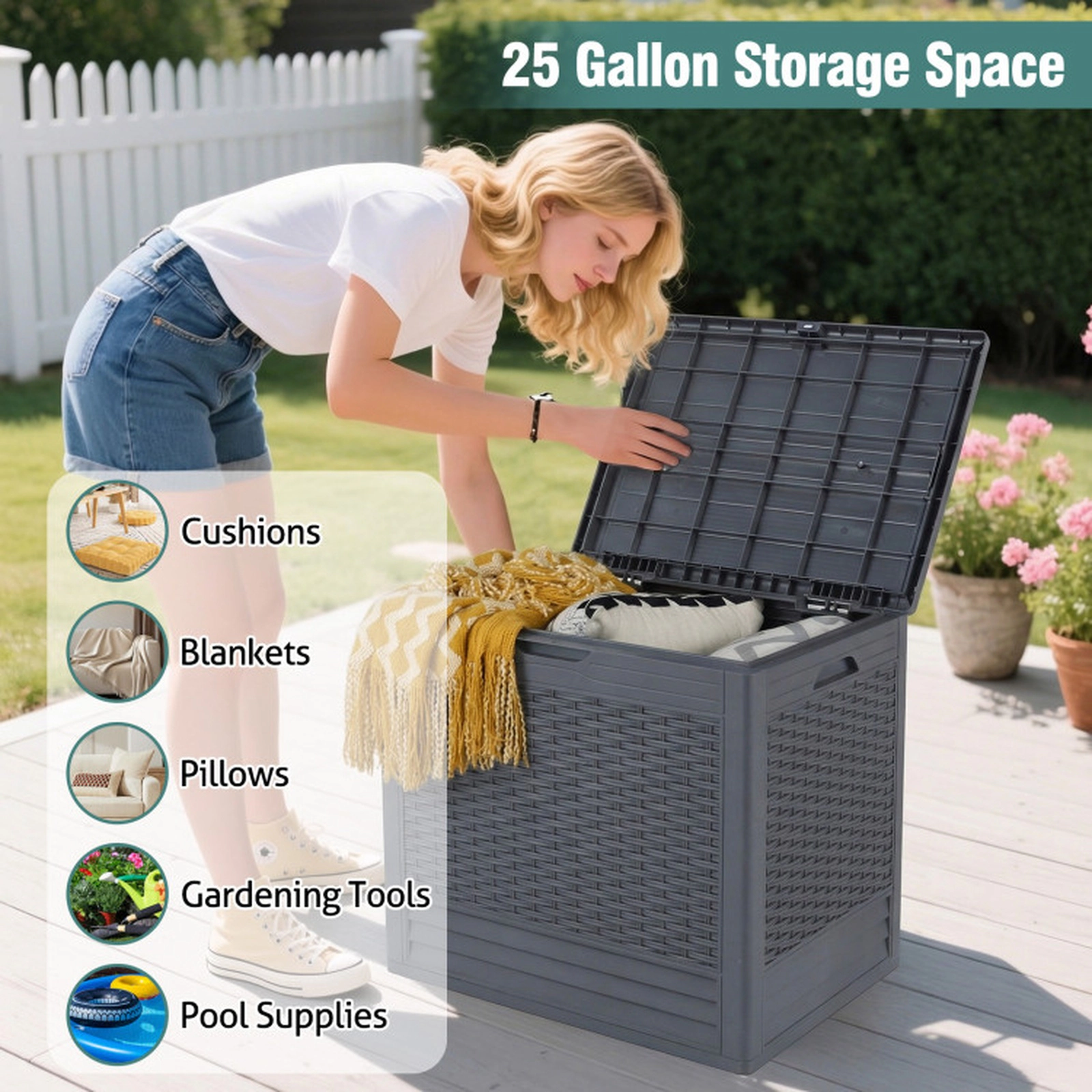 SUGIFT 25-gal 180-lb Capacity Gray All-Weather PP Outdoor Storage Deck Box with Lockable Lid and Rattan Texture
