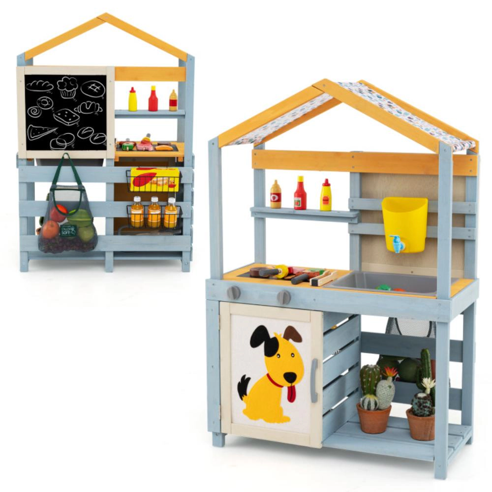 Hivvago 2 In 1 Wooden Mud Kitchen With Removable Water Box  And Storage Bag-Gray