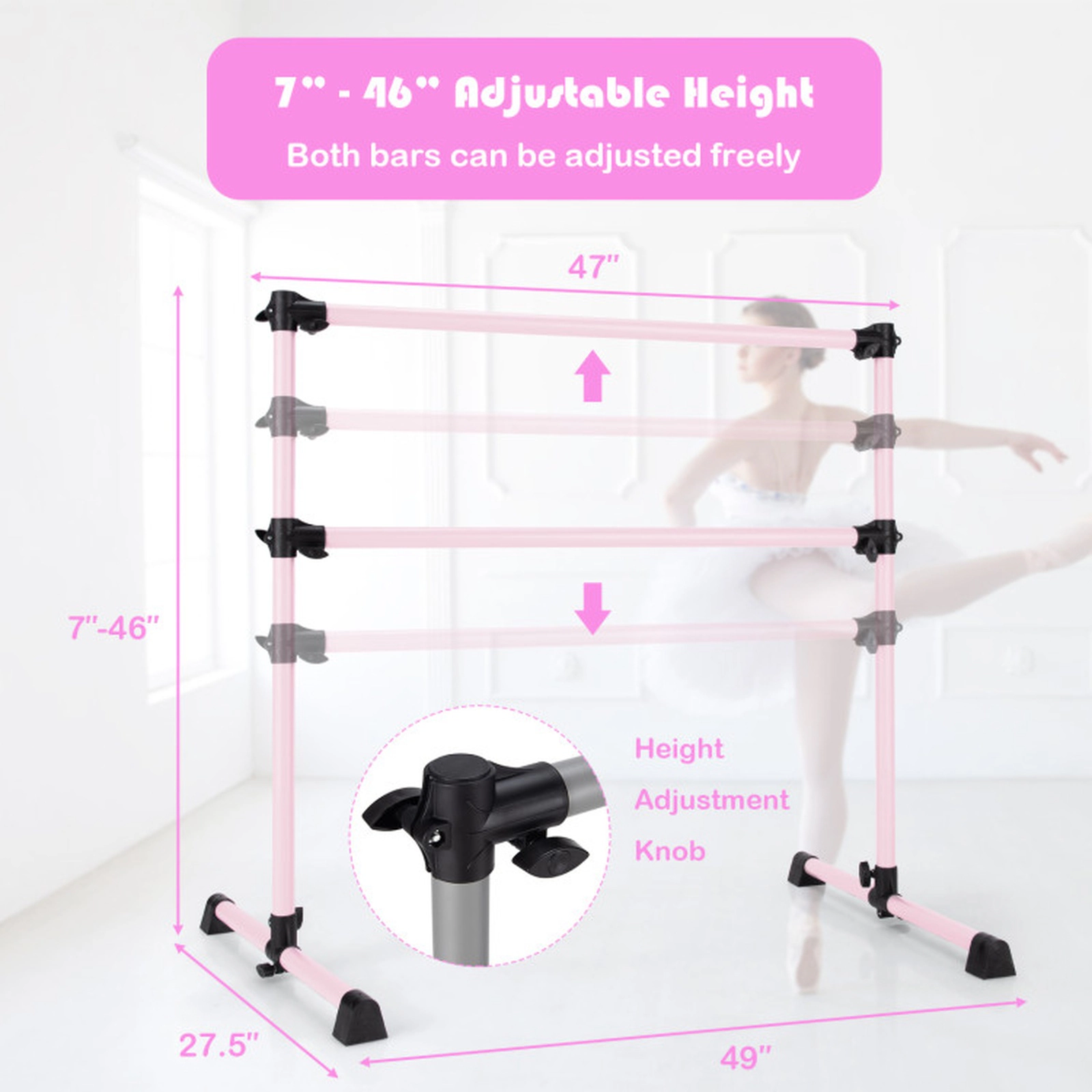 SUGIFT Pink 4-ft 220-lb Capacity 7-in to 46-in Height Adjustable Double Ballet Barre Bar with Anti-Skid Pads