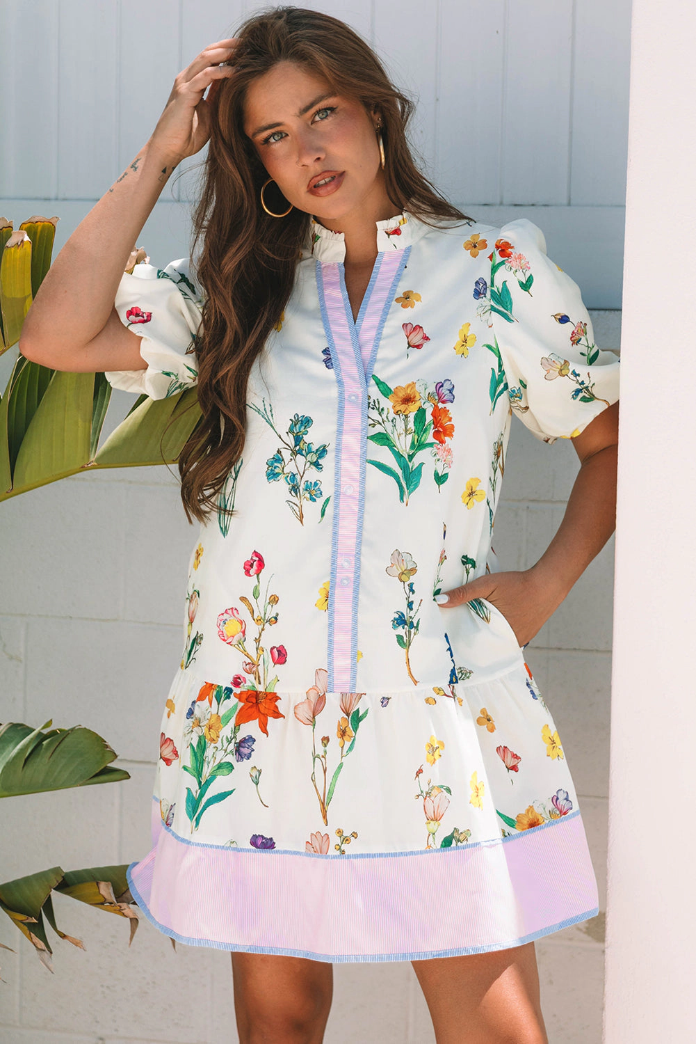 Threaded Pear Women's Harlee Floral Short Puff Sleeve Dress