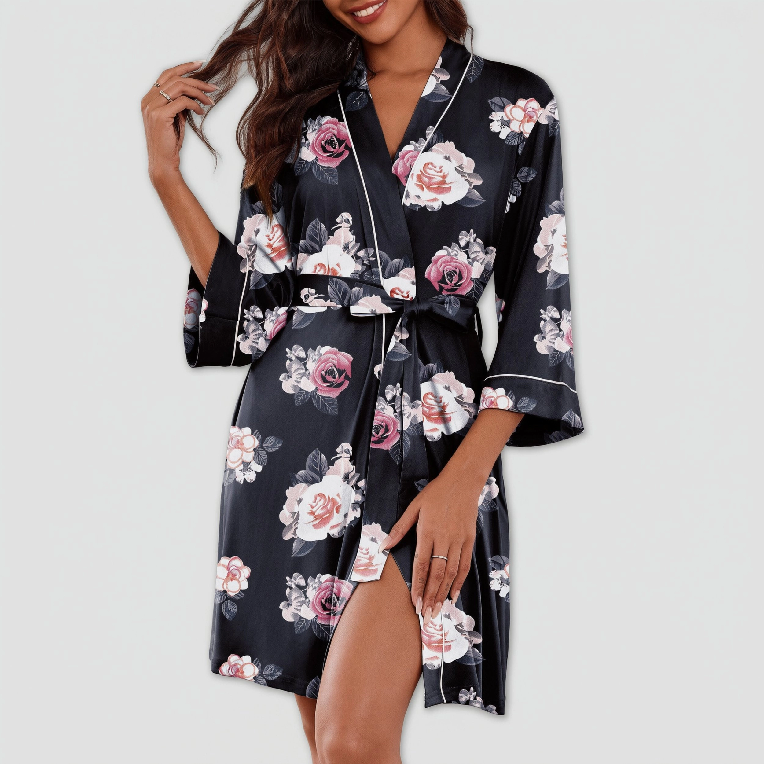 Ekouaer Womens Robes Knee Length Knit Kimono Bathrobe Three Quarter Sleeve Sleepwear V neck Ladies