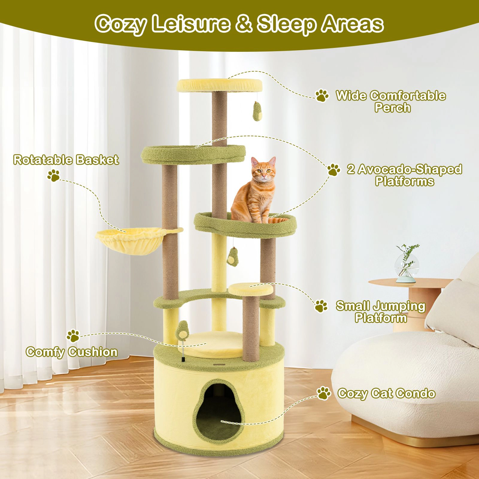 SlickBlue 62.5" Avocado Cat Tree with Perches, Basket & Scratcher