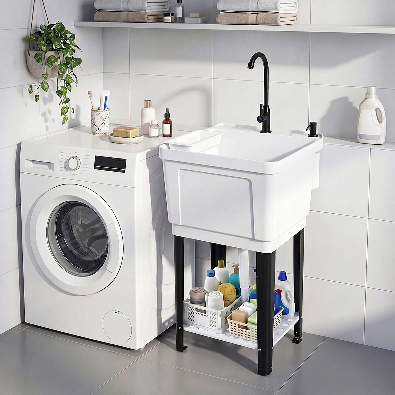 SUGIFT 14.5-Gal Rotating Faucet Adjustable Legs Storage Shelf Utility Sink Laundry Tub 24.5-in x 24-in x 48-in White