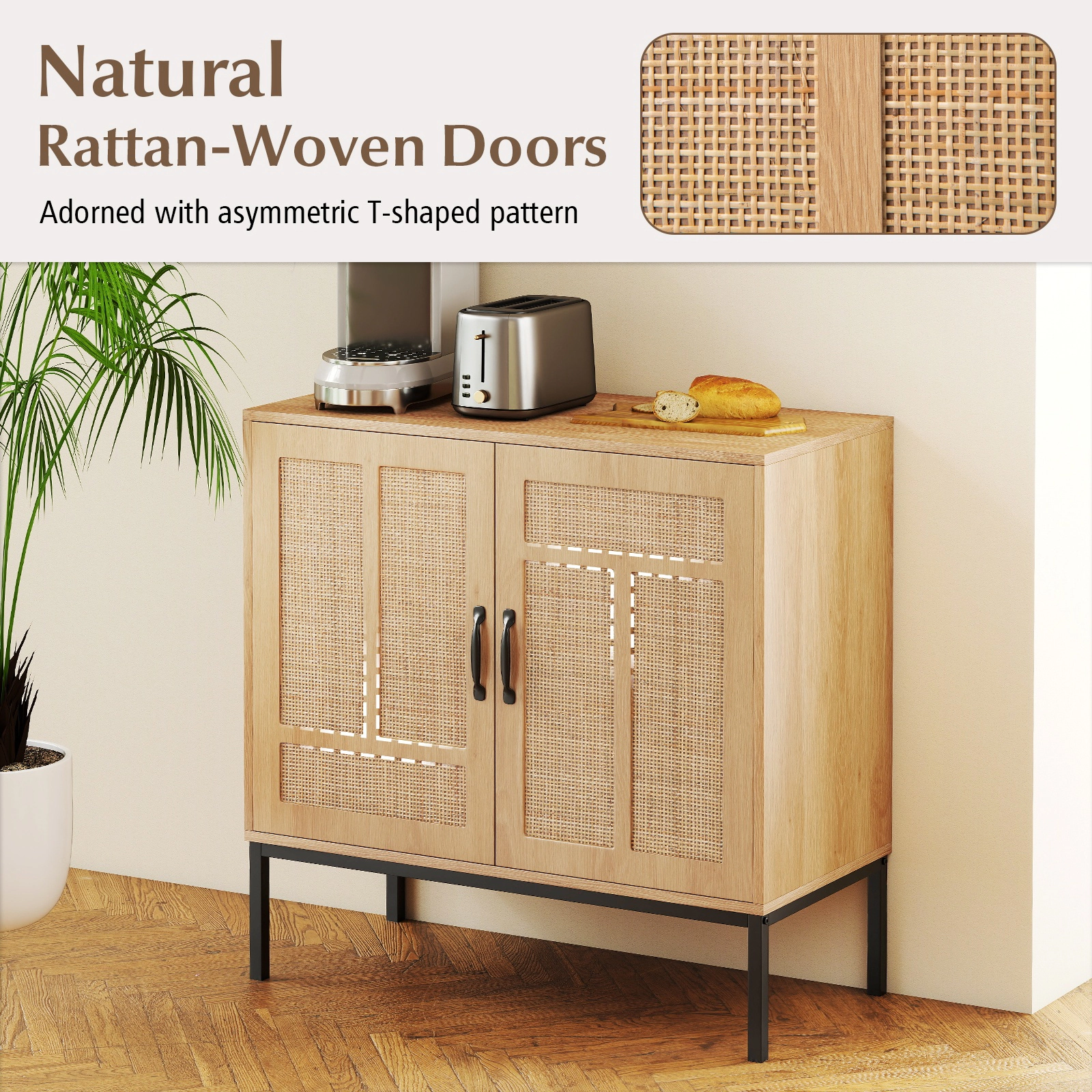 Glintex 32-Inch Boho Storage Cabinet with Asymmetrical Rattan Doors, Natural