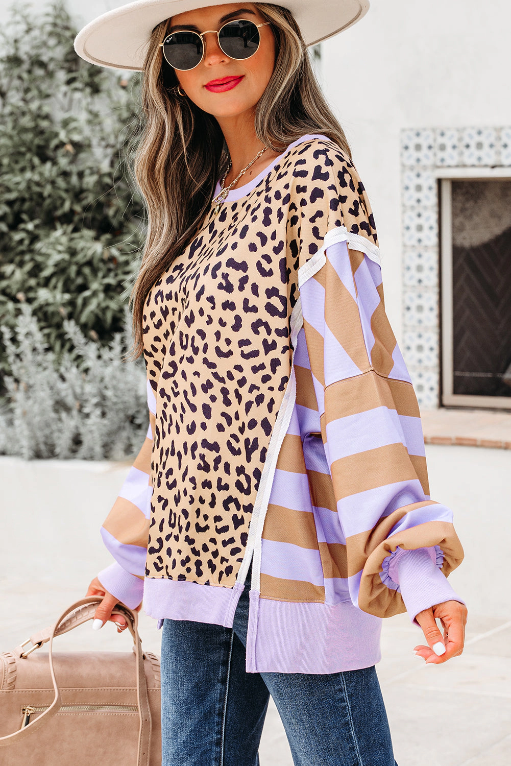 Threaded Pear Women's Olivia Stripe Leopard Casual Sweatshirt