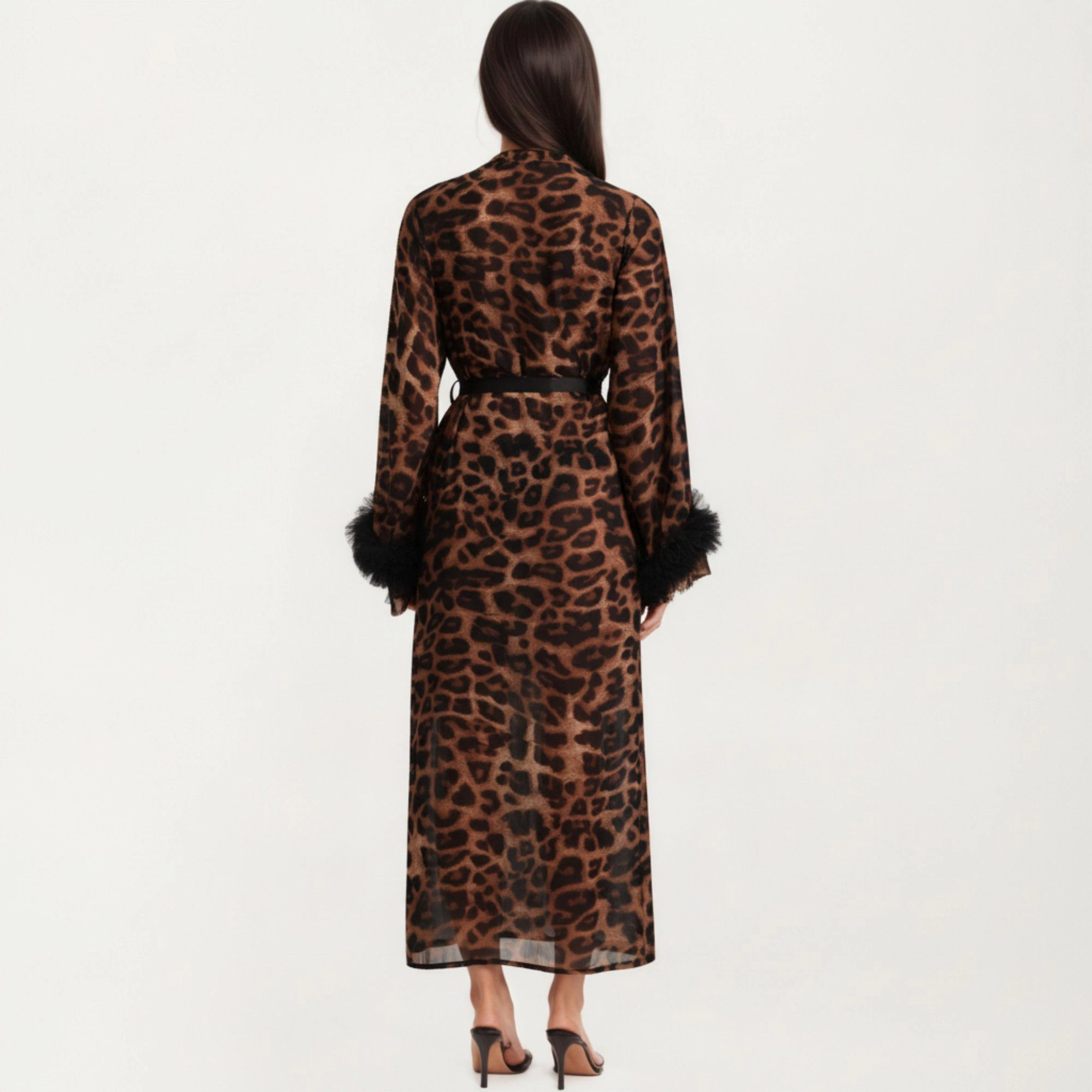 Anna-Kaci Women's Leopard Print Mesh Robe Dress with Feather Sleeves and Satin Tie Waist in Longline Silhouette