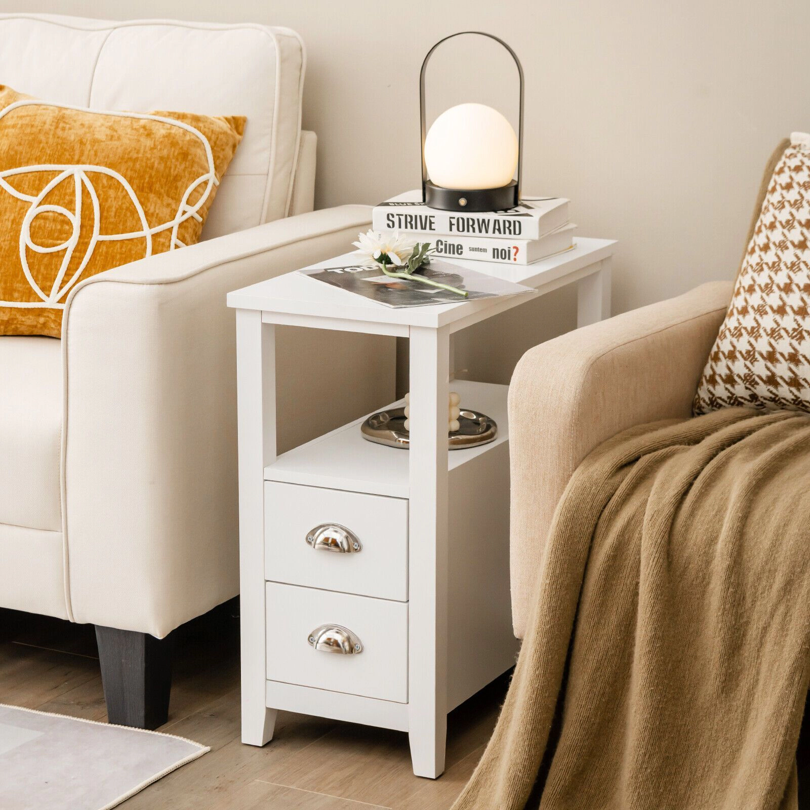 SlickBlue Set of 2 Compact Side Table with Drawers and Tier Shelves