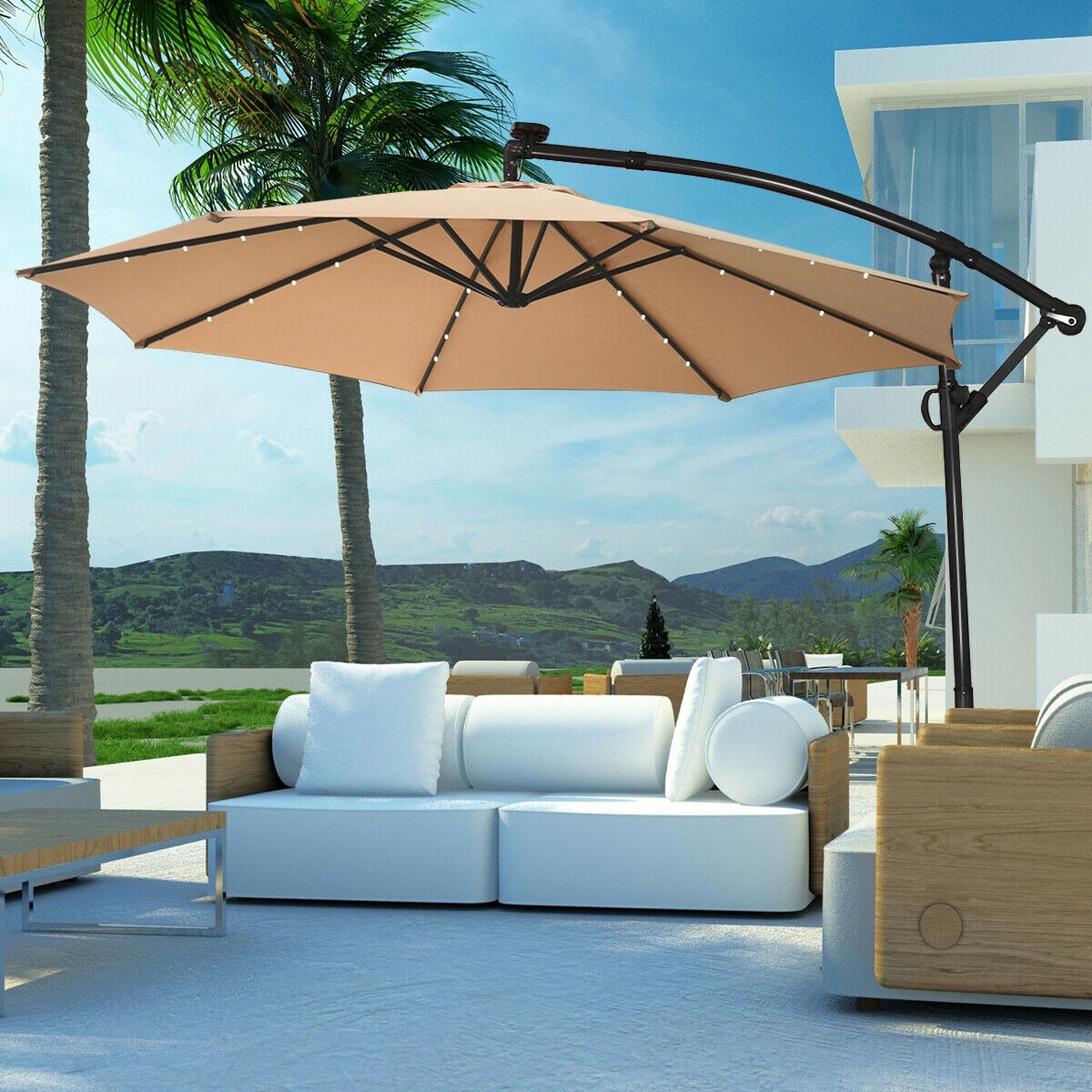 SUGIFT 10-ft Beige Solar LED Offset Patio Umbrella with 32 Lights 360-Degree Rotation and Cross Base for Deck