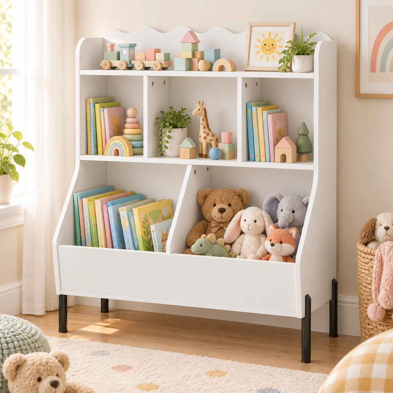 SUGIFT Kids 5 Storage Cubes 3 Open Compartments 2 Boxes Metal Legs Wooden Bookshelf 31.5-in x 16-in x 36.5-in White