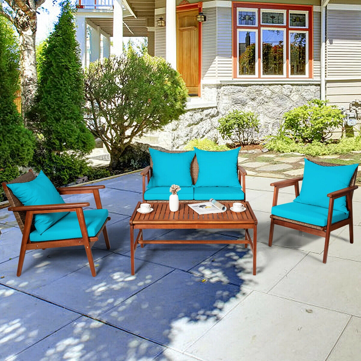 SUGIFT 4-Piece Acacia Wood Rattan Sofa Set with Coffee Table 45-in W Loveseat 710-lb Loveseat Capacity Turquoise