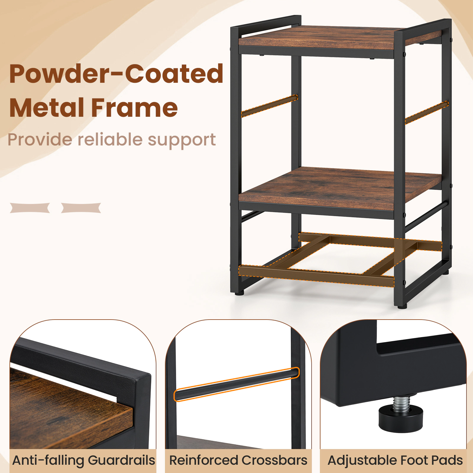 Glintex Industrial Nightstand with Removable Fabric Drawer and Anti-Falling Guardrails, Rustic Brown