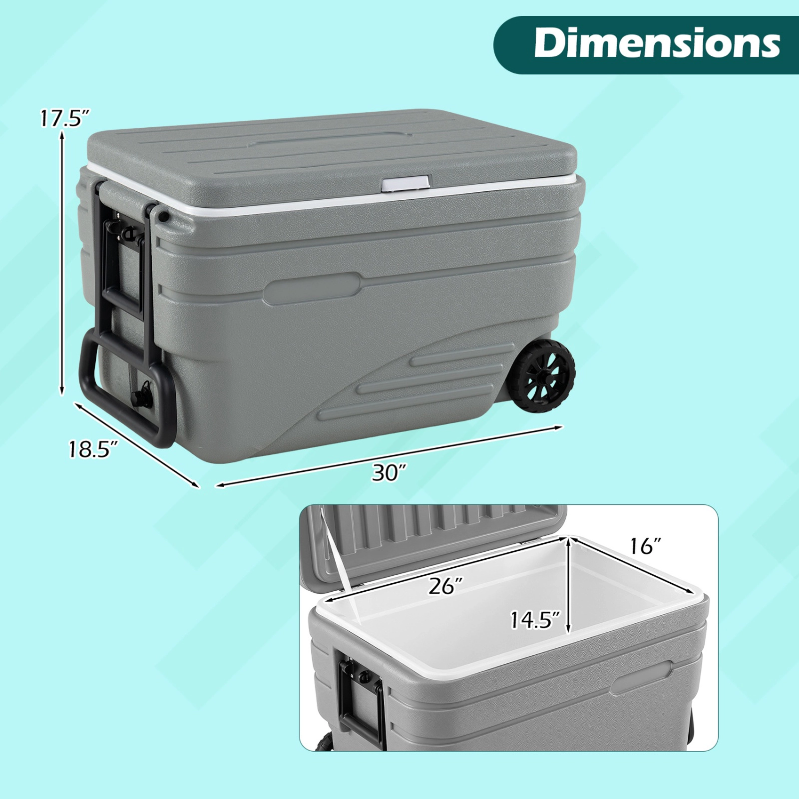 SUGIFT 103-qt Gray Large Wheeled Ice Chest Cooler with Foldable Pull Handle and 5 to 7 Day Ice Retention