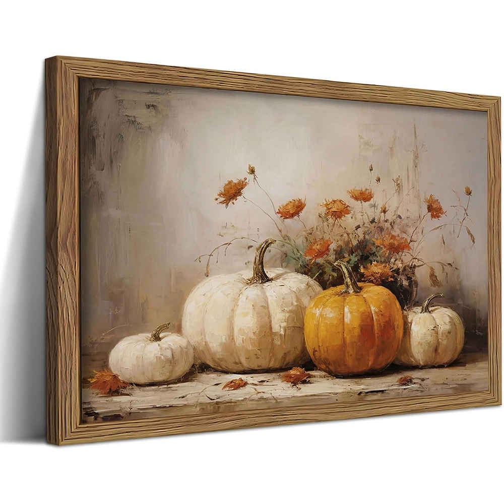 ACPJR 8x10 Inch Framed Vintage Pumpkin Wall Art, Rustic Fall Harvest Canvas Print, Farmhouse Autumn Decor