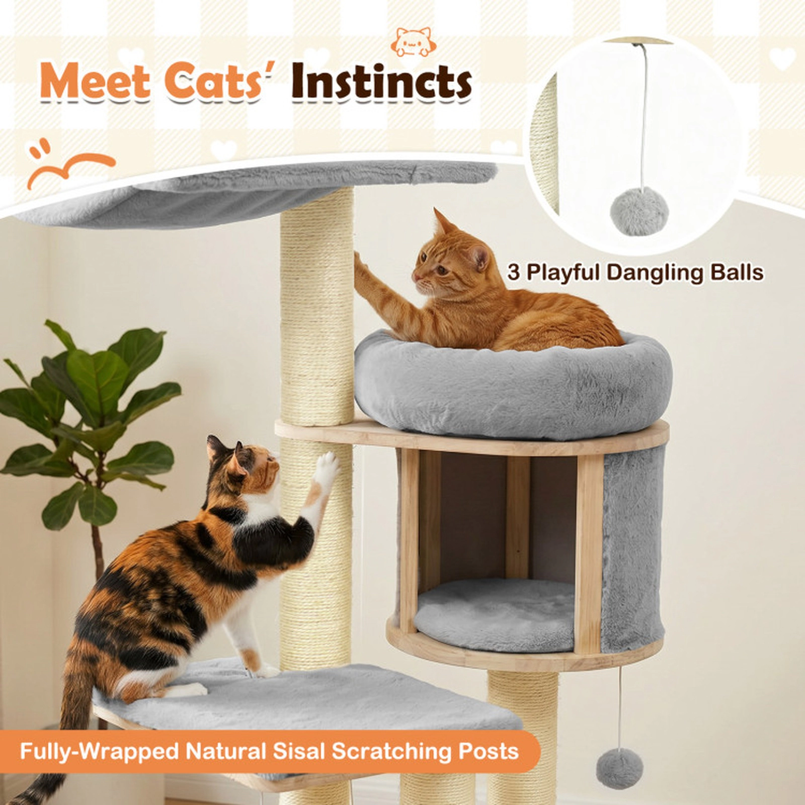 SUGIFT 55-in Solid Rubber Wood Cat Tree with Condo Hammock and Scratching Posts 33-lb Capacity Natural + Gray