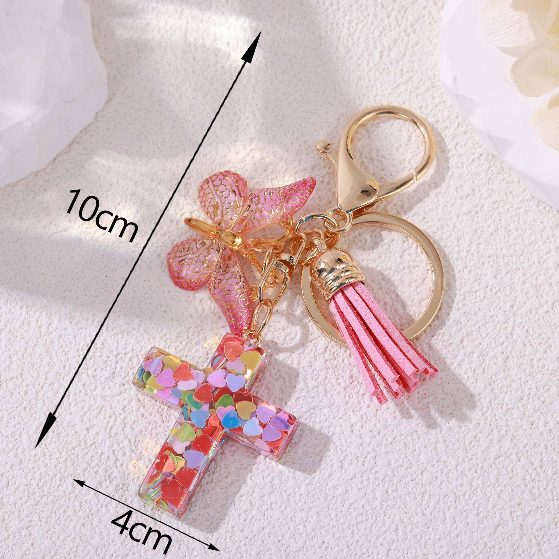 Wardrobe Whimsy Cross Keychain Colorful Resin Butterfly Tassel Keyring
