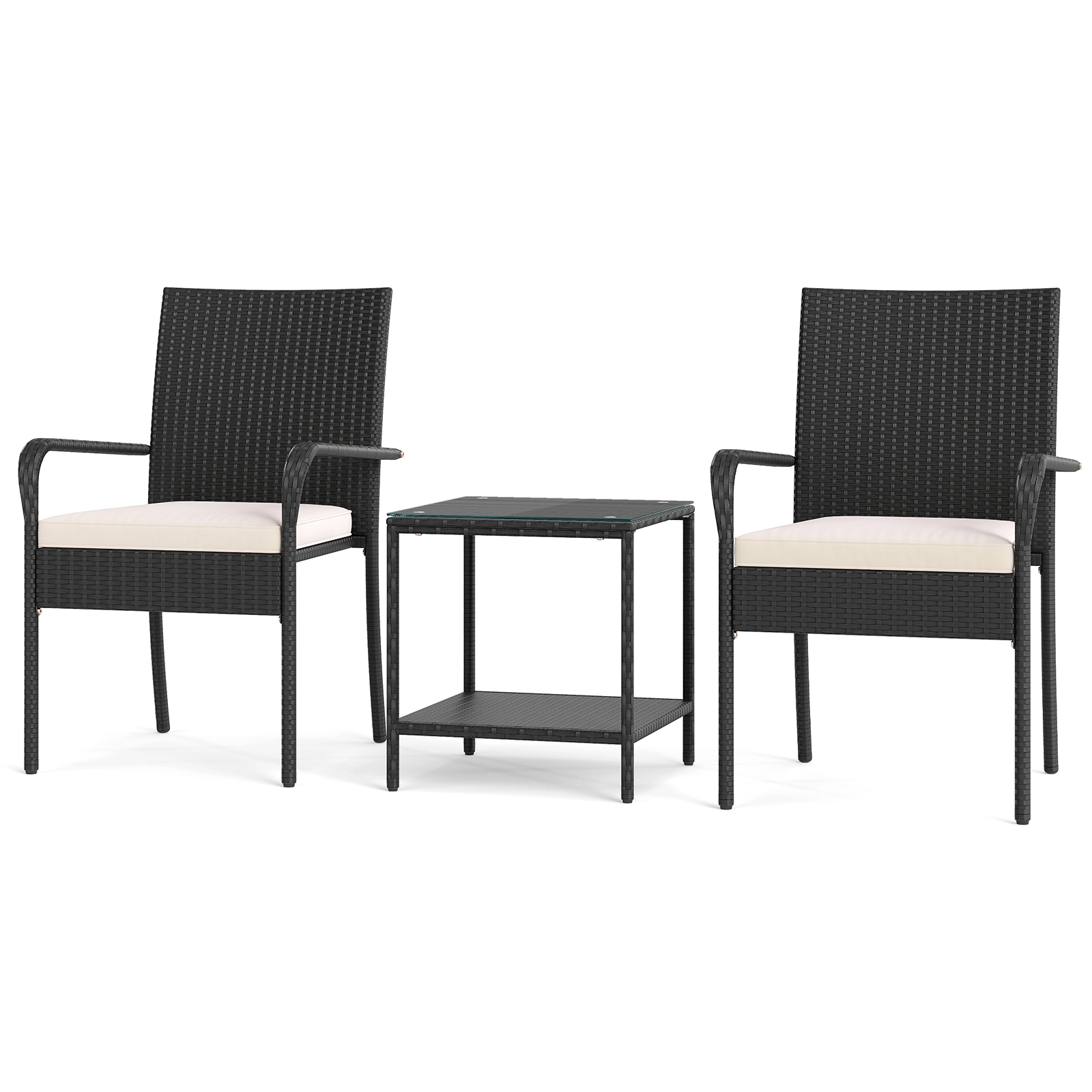 SUGIFT Patio Conversation Set with Cushions & Tempered Glass Side Table 400-lb Chairs Black Rattan Beige/Black/Off White