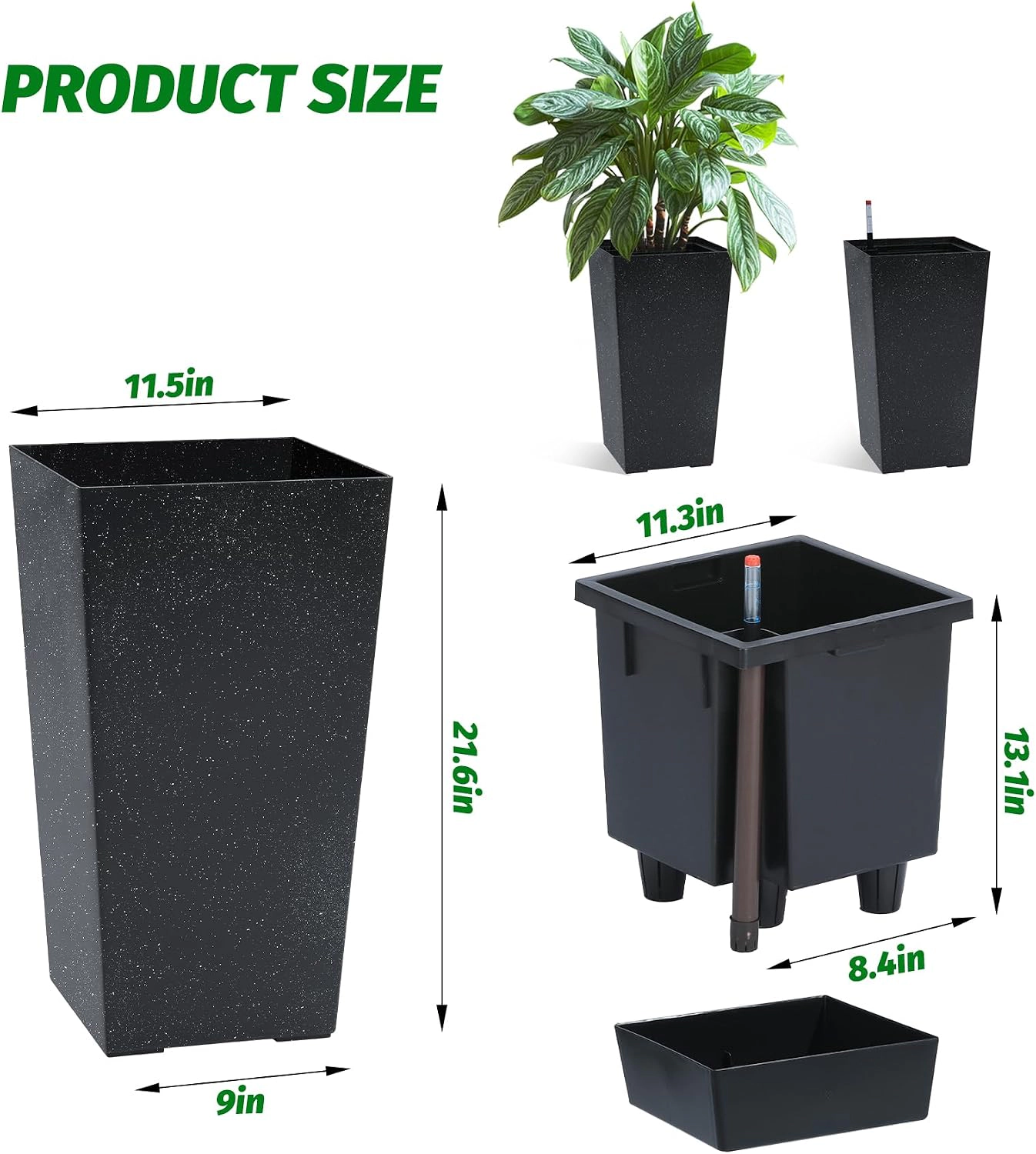 Set of 2 Rectangular Planters 21.6" Tall, Self-Watering Drainage & Water Level Monitor, Wheels