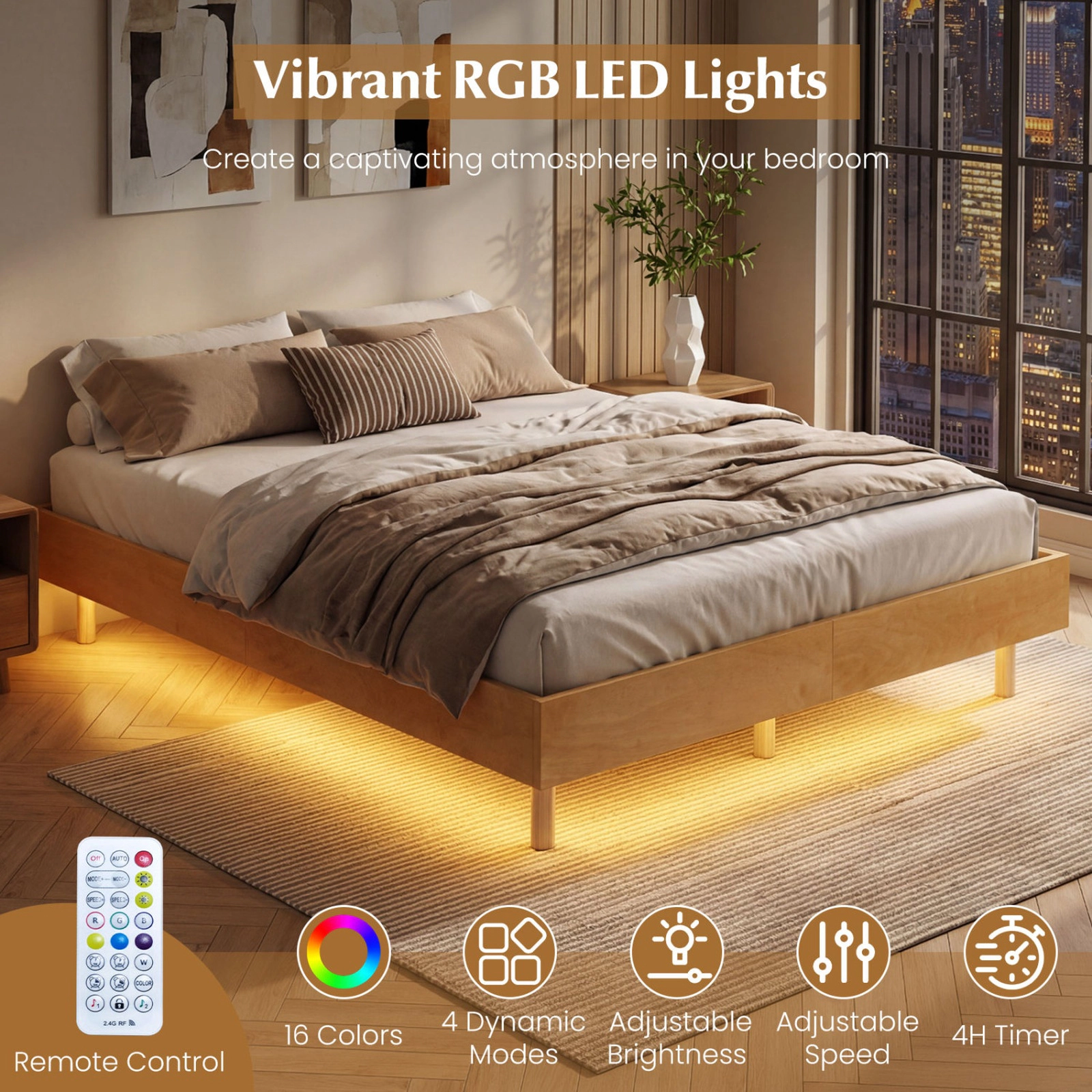 SUGIFT Full Size 800-lb Bed Capacity Floating Bed Frame with LED Lights and Remote Wood Platform 12-in H Natural