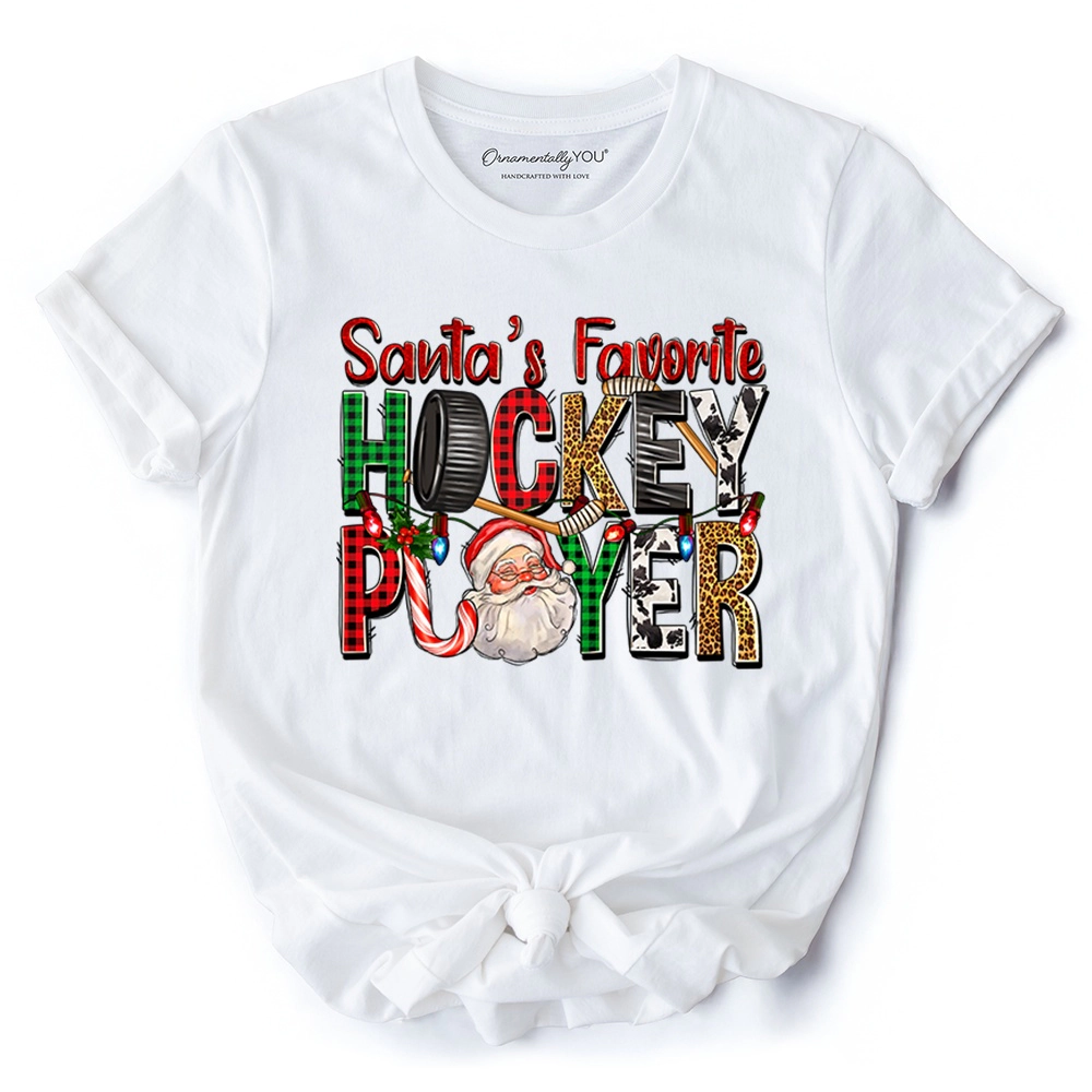 OrnamentallyYou Mens Santa's Favorite Hockey Player Plaid Christmas T-Shirt