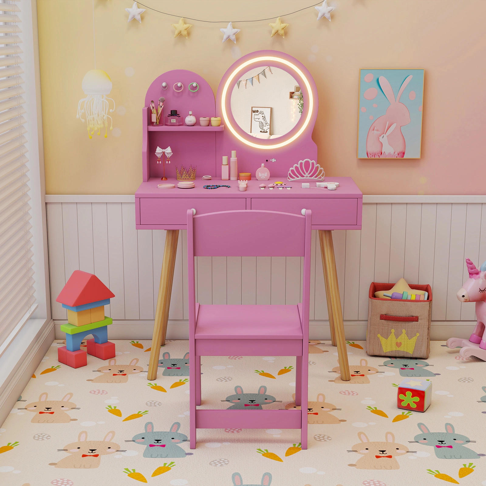 SUGIFT Kids Princess Makeup Dressing Desk & Chair Set Lighted Mirror 110-lb Tabletop 165-lb Chair Ages 3+ Pink/White