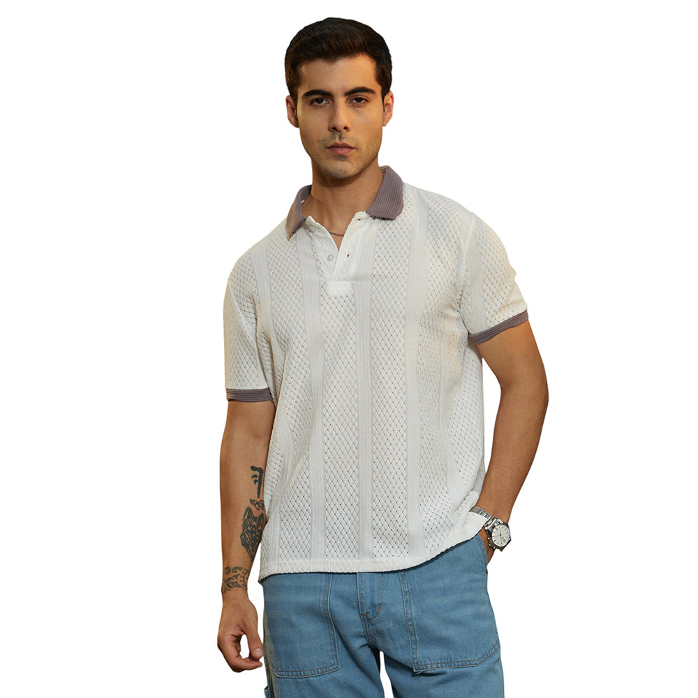 Contrast Open-Knit Polo T-Shirt