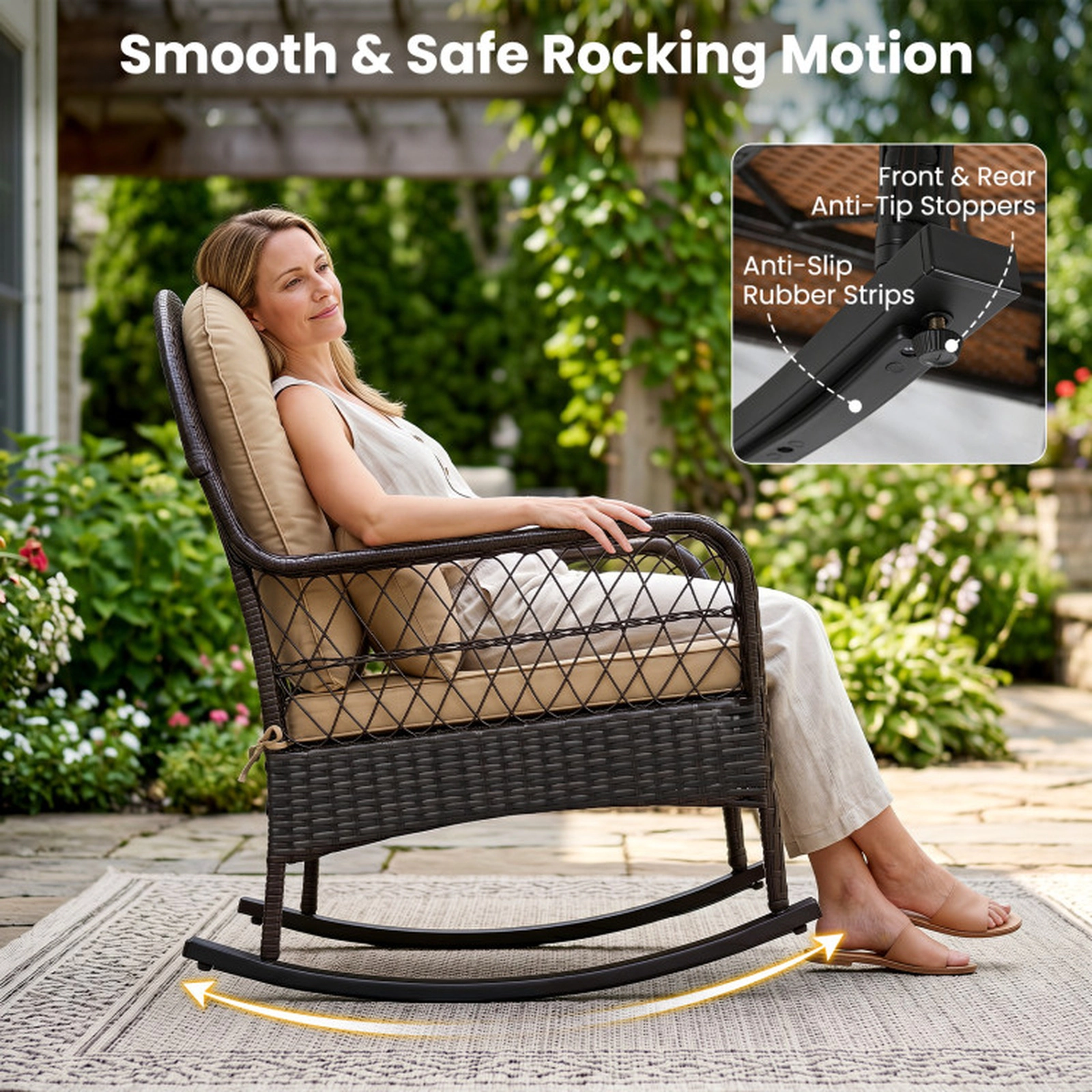 SUGIFT Outdoor Wicker Rocking Chair with Anti-Tip Stoppers 400-lb Capacity 22-lb Frame for Porch Deck Patio Brown