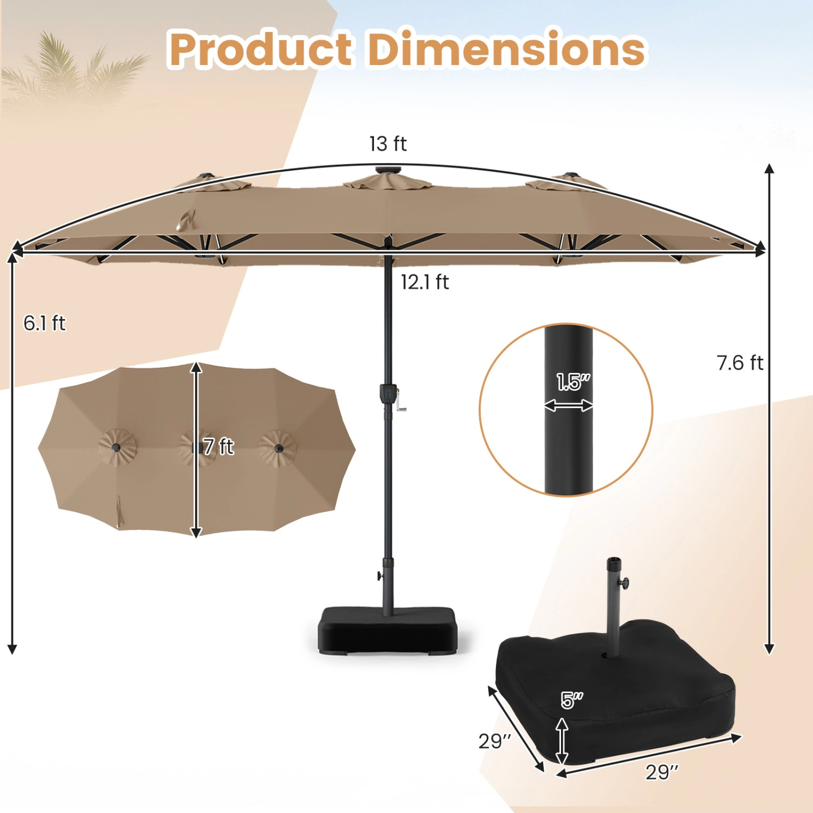 SUGIFT 13-ft Double-Sided Patio Umbrella with 108 LED Lights, Crank Handle and 135-lb Base Capacity Tan