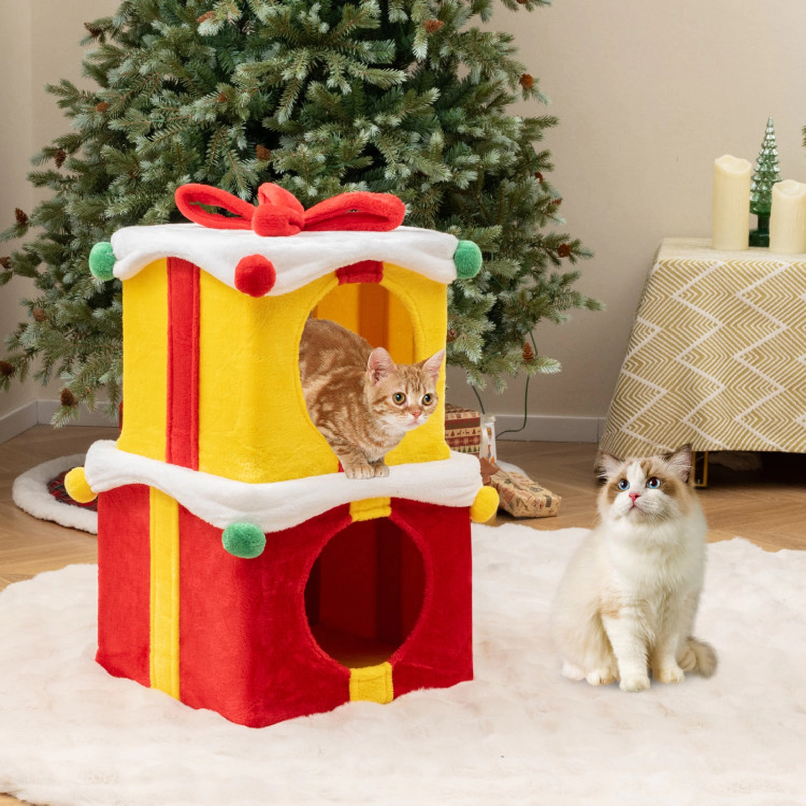 SUGIFT 2-Piece Gift Box Shaped Christmas Cat House with Stackable Double Condos 27-in Tall 22-lb Capacity Red and Yellow