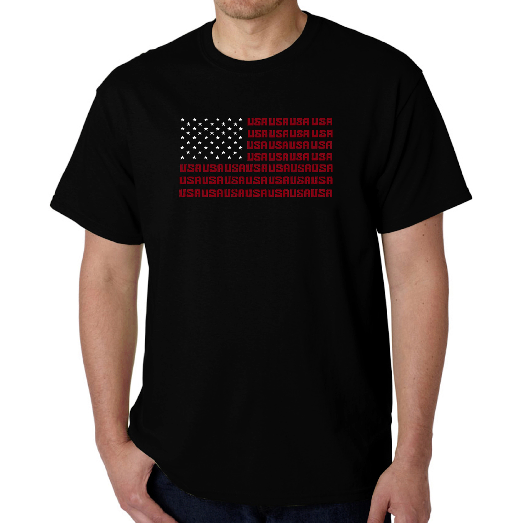 LA Pop Art Men's Cotton Crew Neck T-Shirt - American Flag Word Art, Short Sleeve, Regular Fit