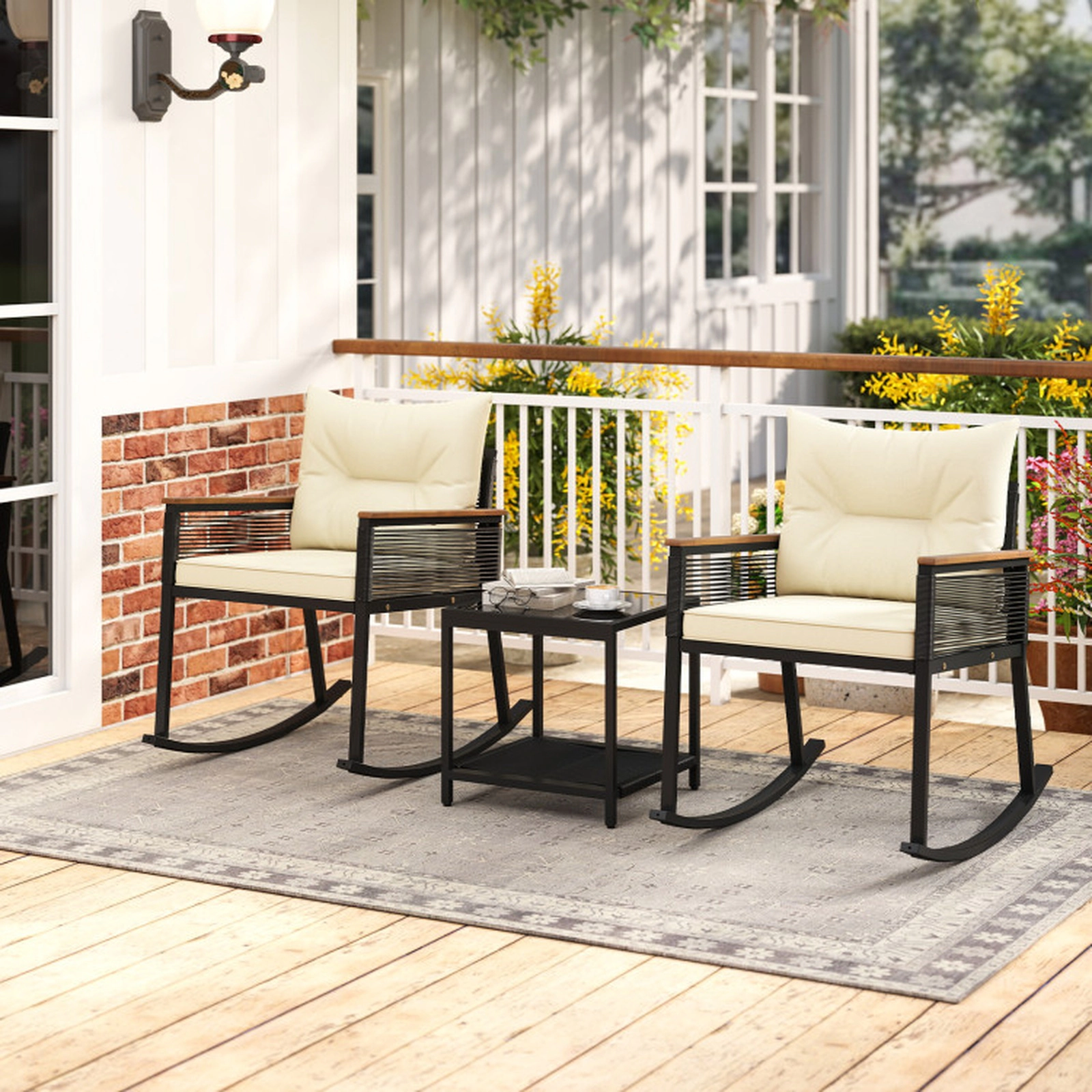 SUGIFT Rocking Bistro Conversation Set with 2-Tier Coffee Table 400-lb Chair Capacity Black Rattan Beige Cushions