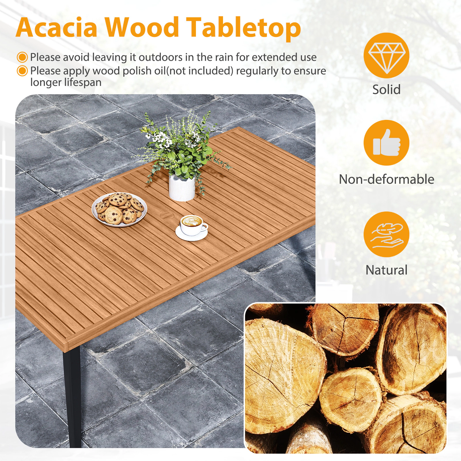 SUGIFT 63-in Acacia Wood Dining Table for 6, Indoor Outdoor Patio Table with Metal Legs and Umbrella Hole