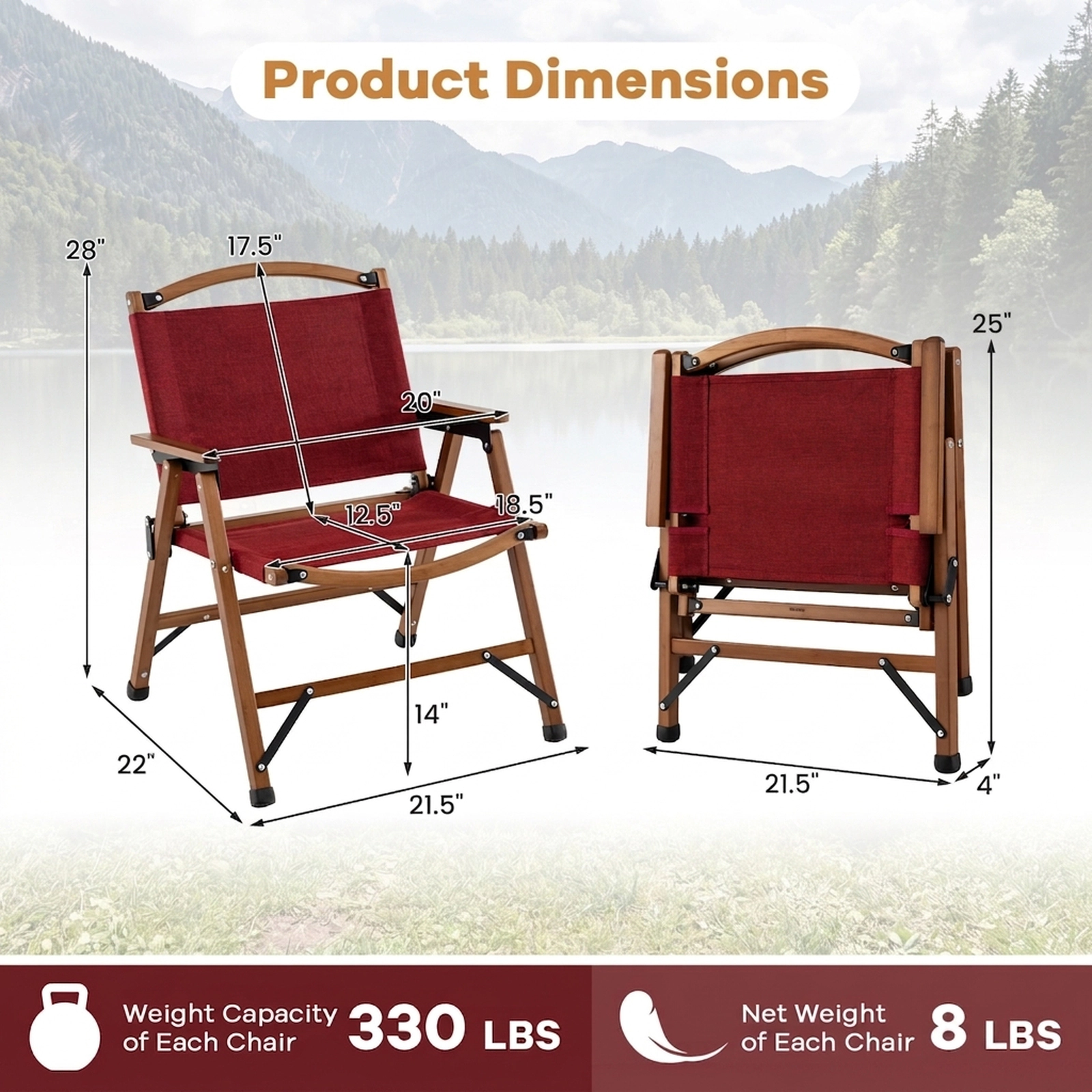 SUGIFT Set of 2 Red Folding Camping Chairs with Bamboo Frame 21.5-in W 22-in D 28-in H 330-lb Per Seat