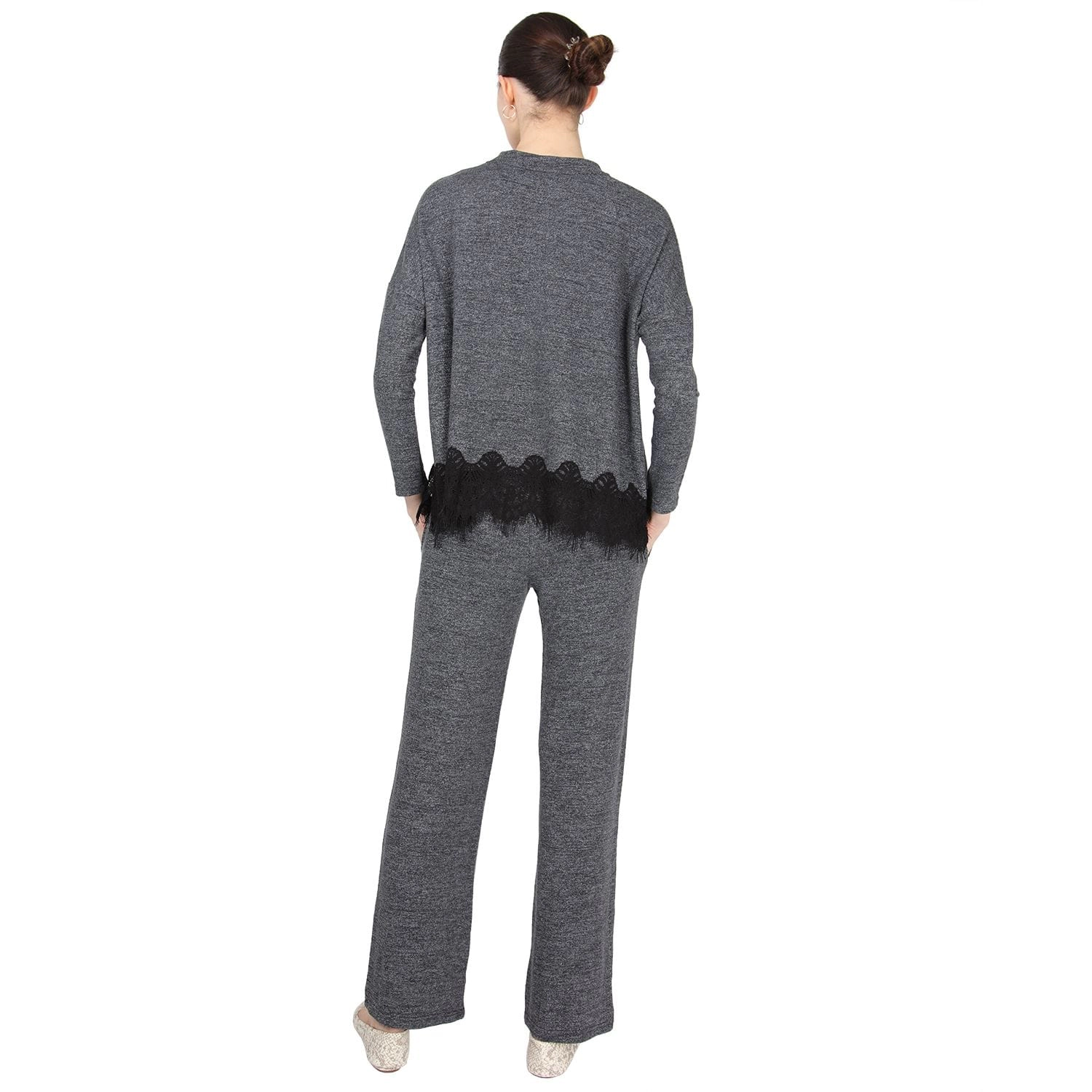MeMoi Women's Long Sleeve Lounge Set with Contrast Lace Hem