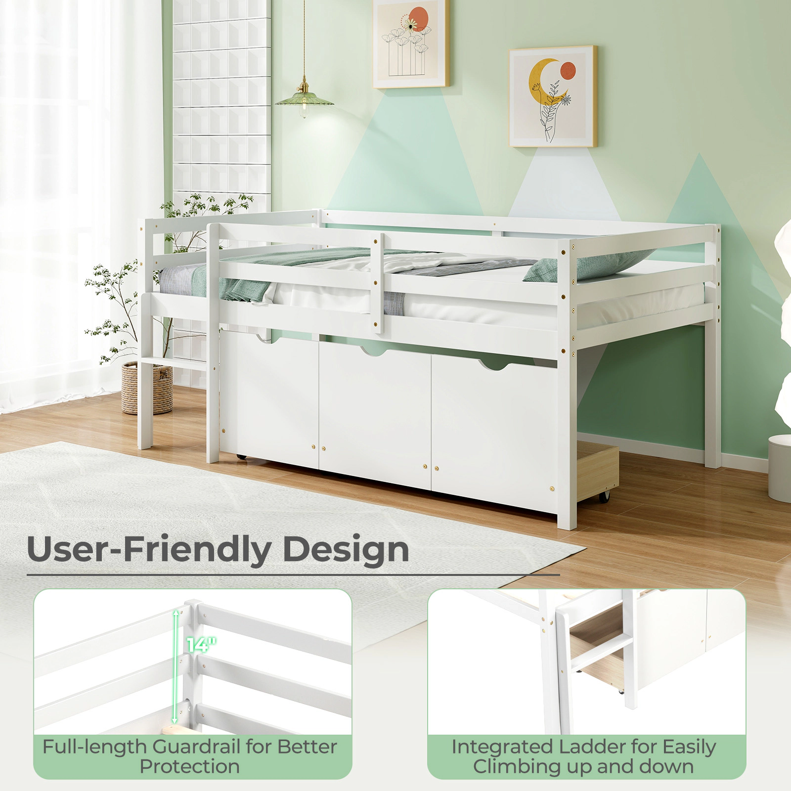 Twin Size Low Loft Bed with 3 Rolling Storage Drawers Solid Pine Wood Kids Bed with Integrated Ladder White