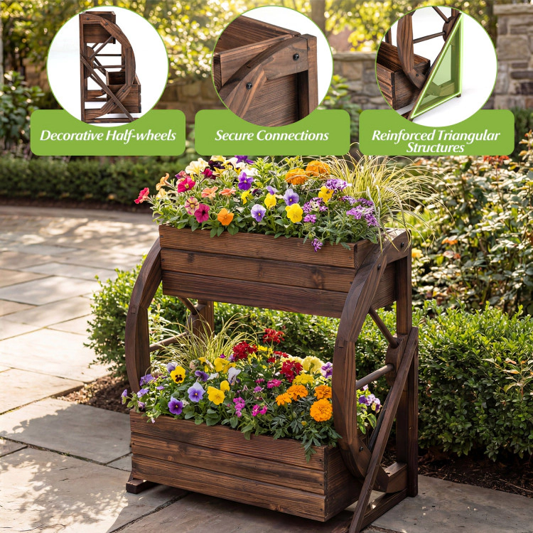 Hivvago 2-tier Raised Garden Bed Rustic Wood Wagon Planter with Drainage Holes and Semi-wheels