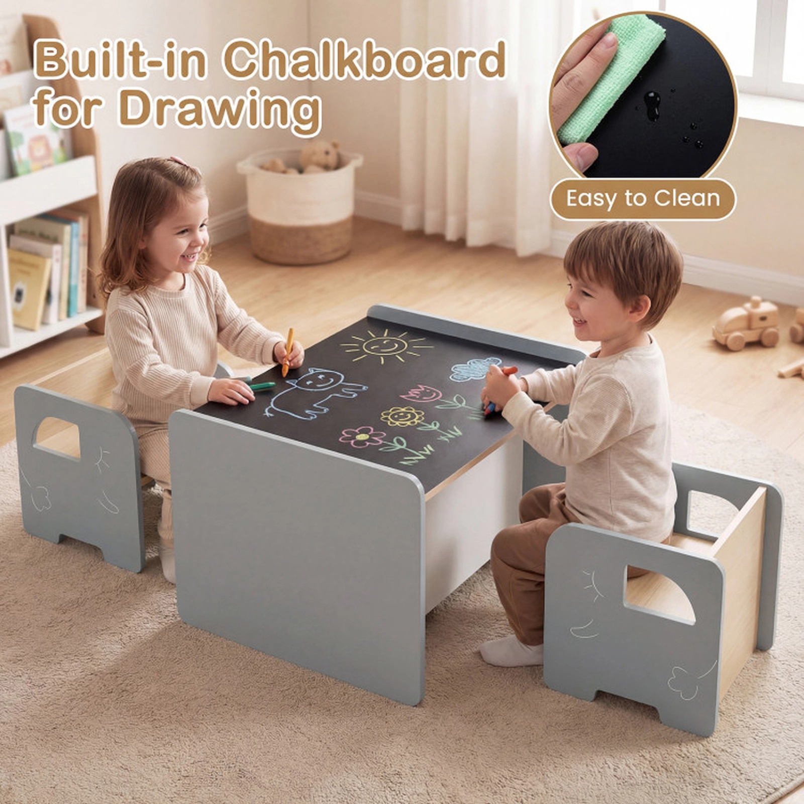 SUGIFT 3 Pieces Kids Table and Chair Set with Chalkboard Top 66-lb Tabletop 110-lb Chairs Ages 3+ White/Gray
