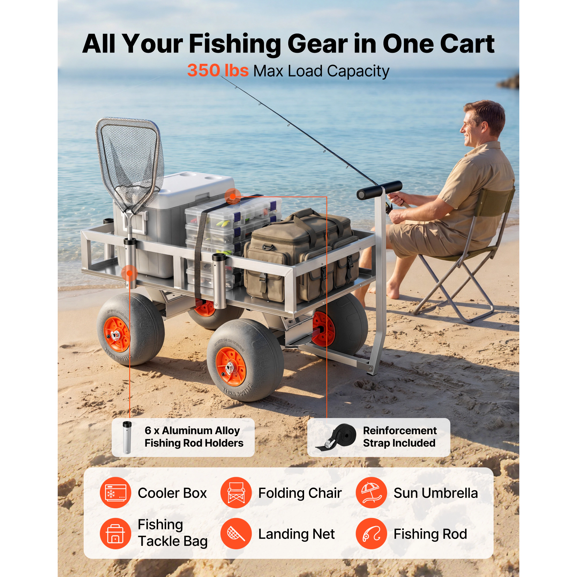 HONGGE Aluminum Beach Fishing Cart, 350 lb Capacity, 13-Inch All-Terrain Tires, 6 Rod Holders for Camping Picnic